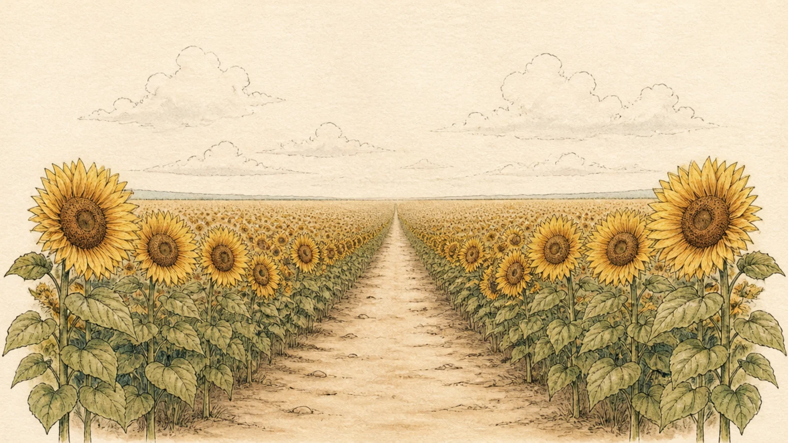 A dirt path winding between rows of sunflowers to the horizon