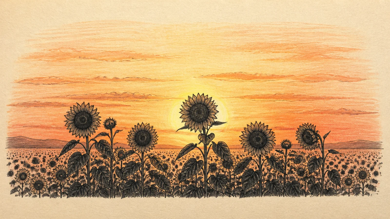 Dark sunflower silhouettes against a glowing sunset sky