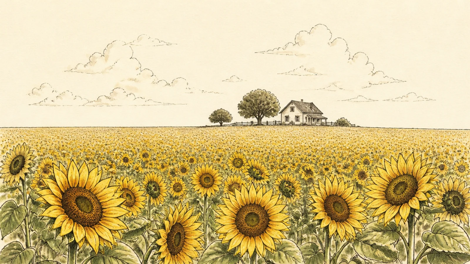 A small farmhouse behind a field of sunflowers