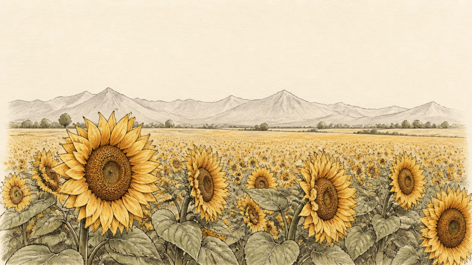 Sunflowers in front of pale distant mountains