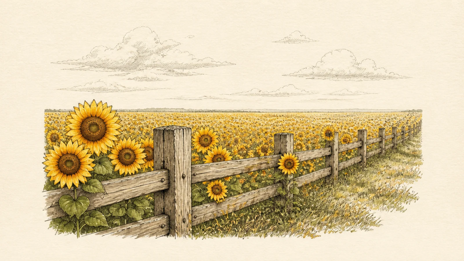 A wooden fence running along the edge of a sunflower field