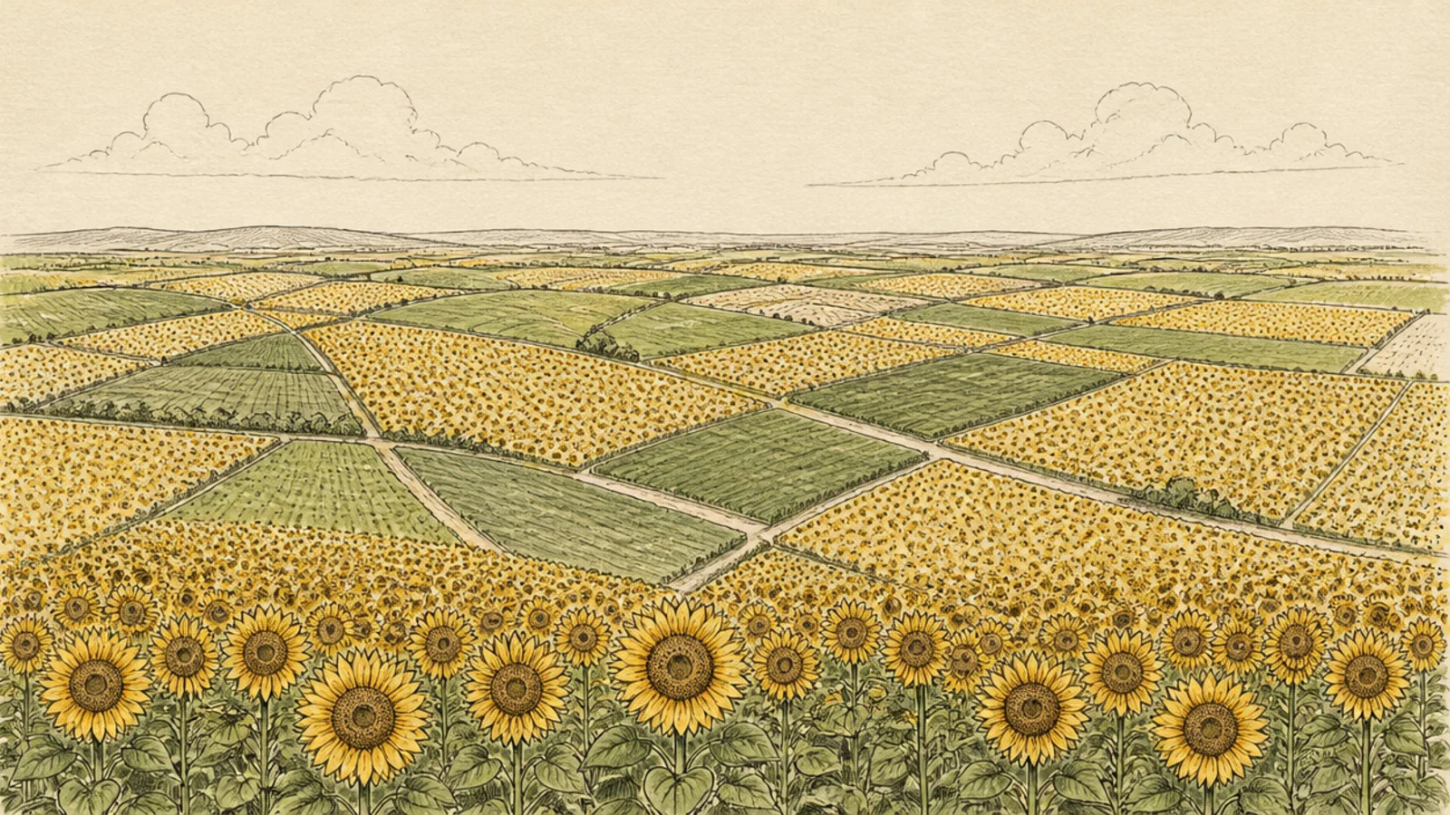 A bird's-eye view of sunflower fields as patchwork blocks