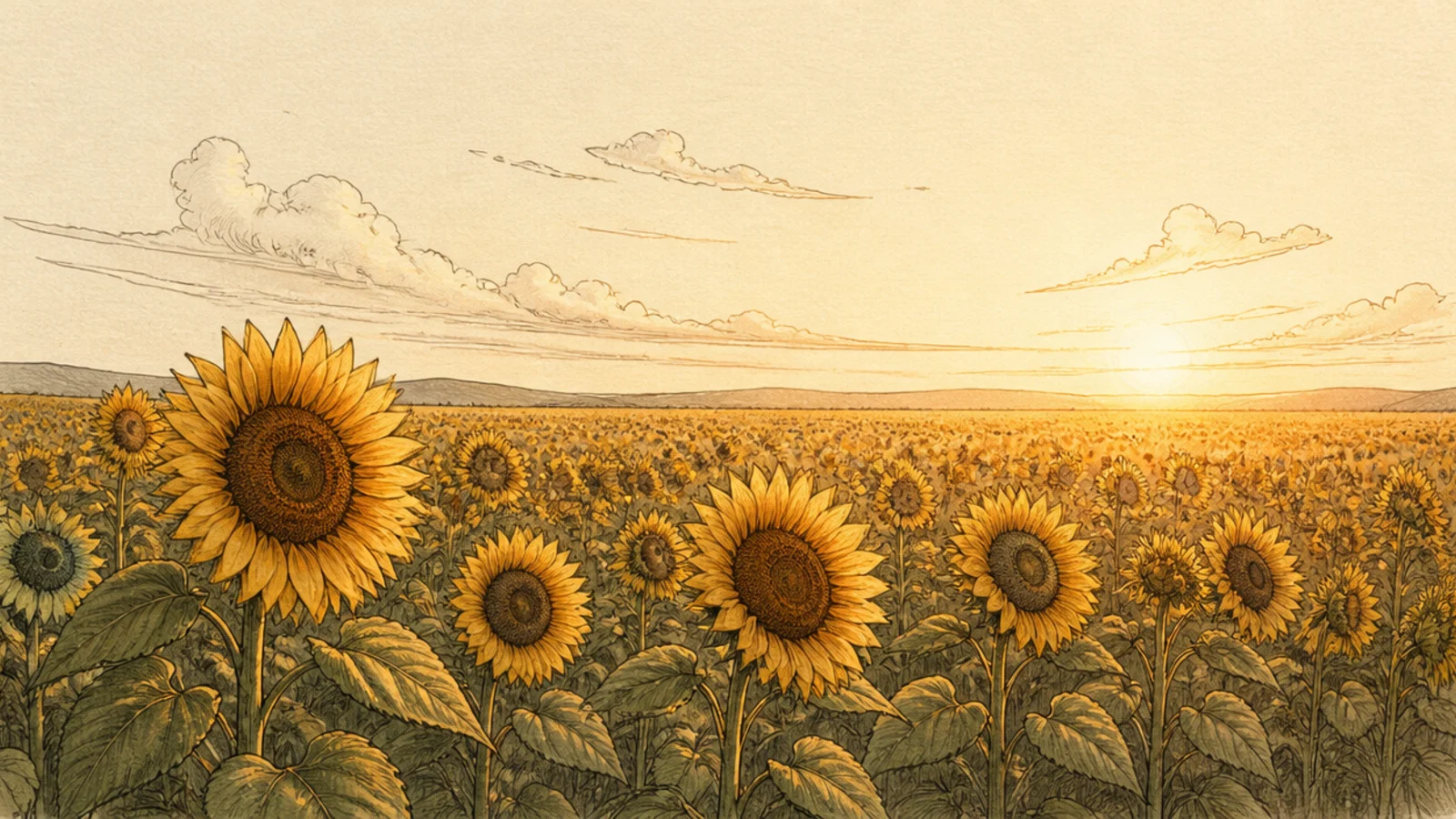 A sunflower field bathed in warm golden hour light