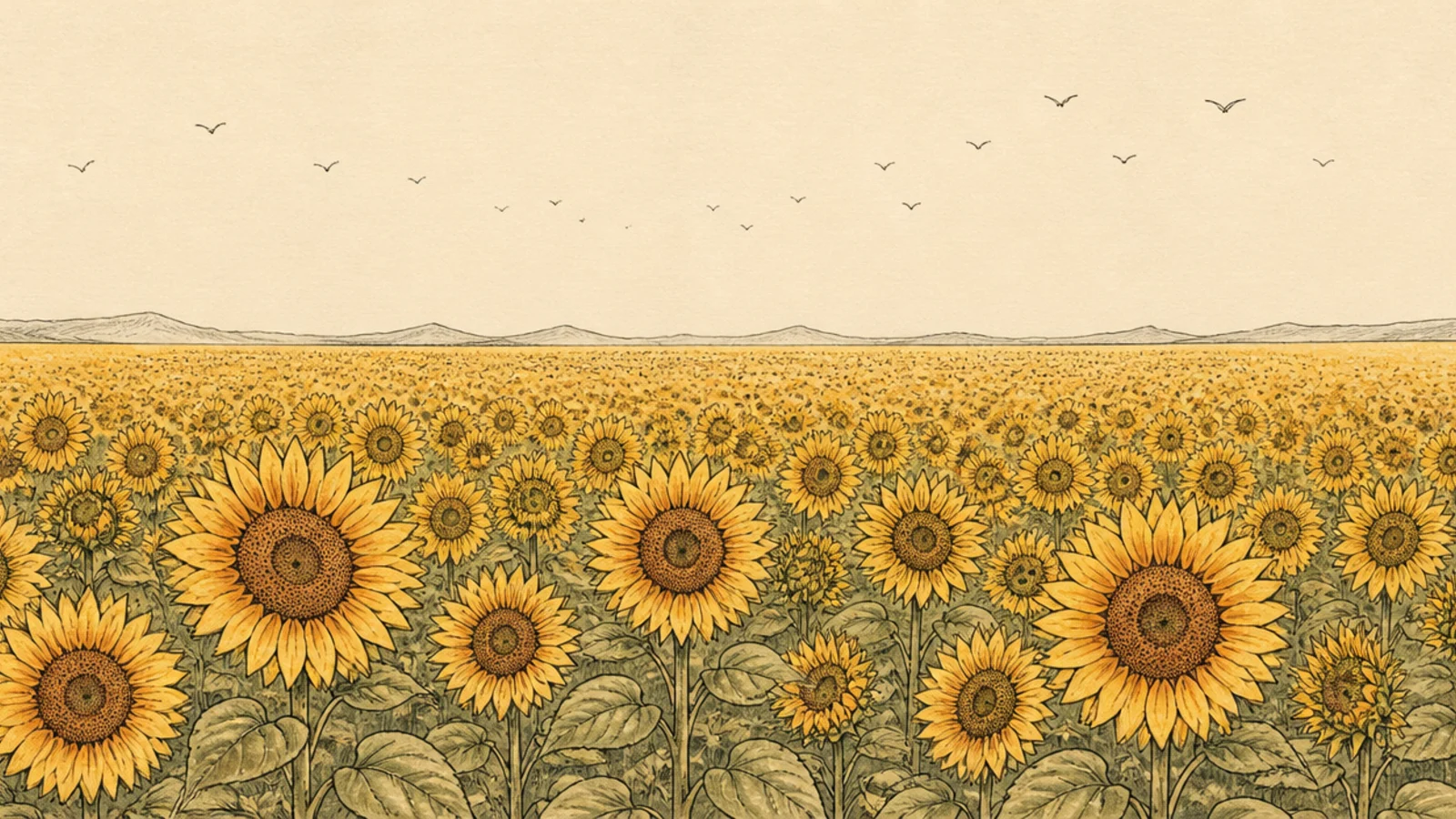 A sunflower field with small birds flying in the sky
