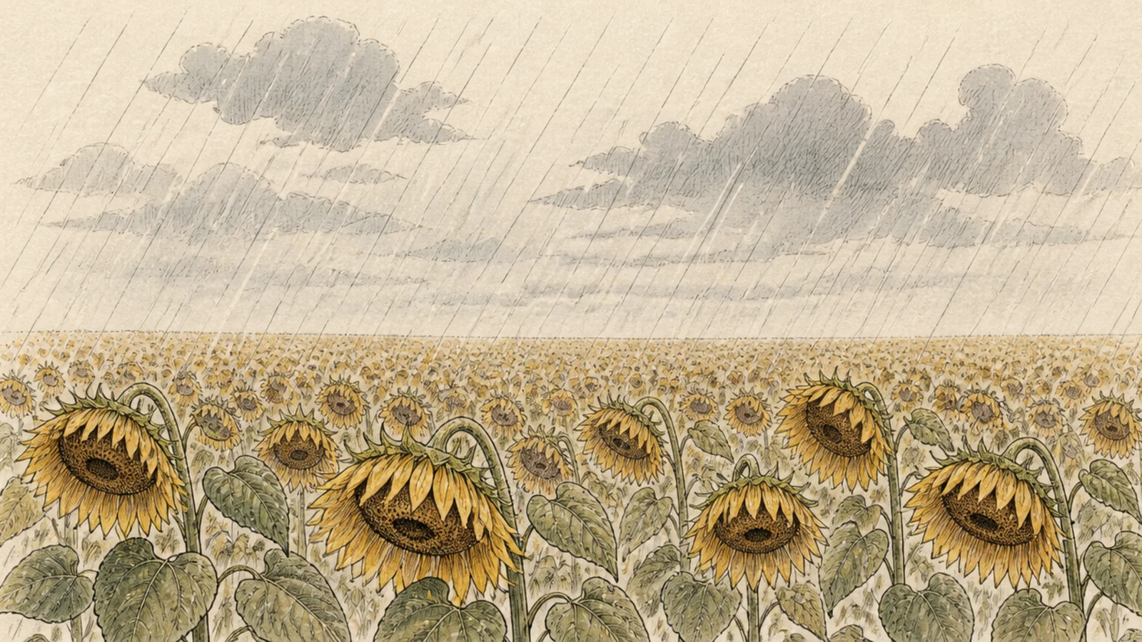A sunflower field under soft rain with a grey sky
