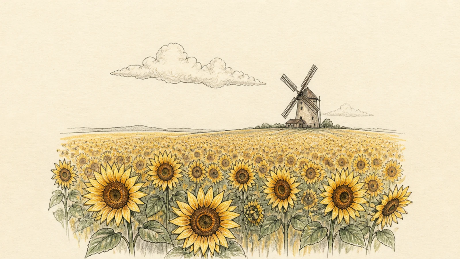 A tall windmill rising above a sunflower field