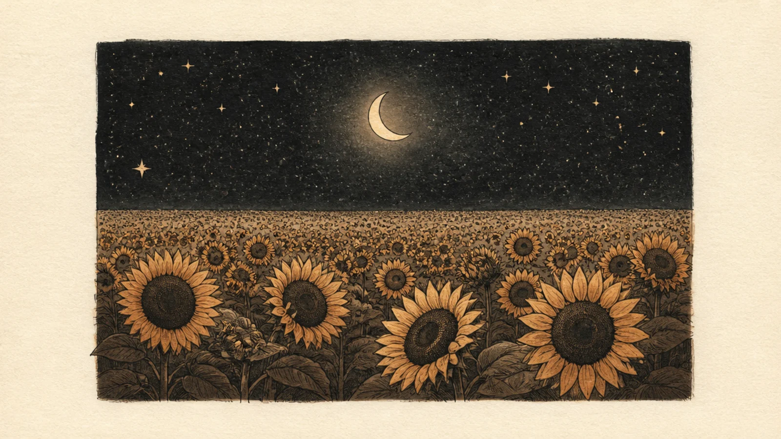 A sunflower field silhouetted under a starry night sky