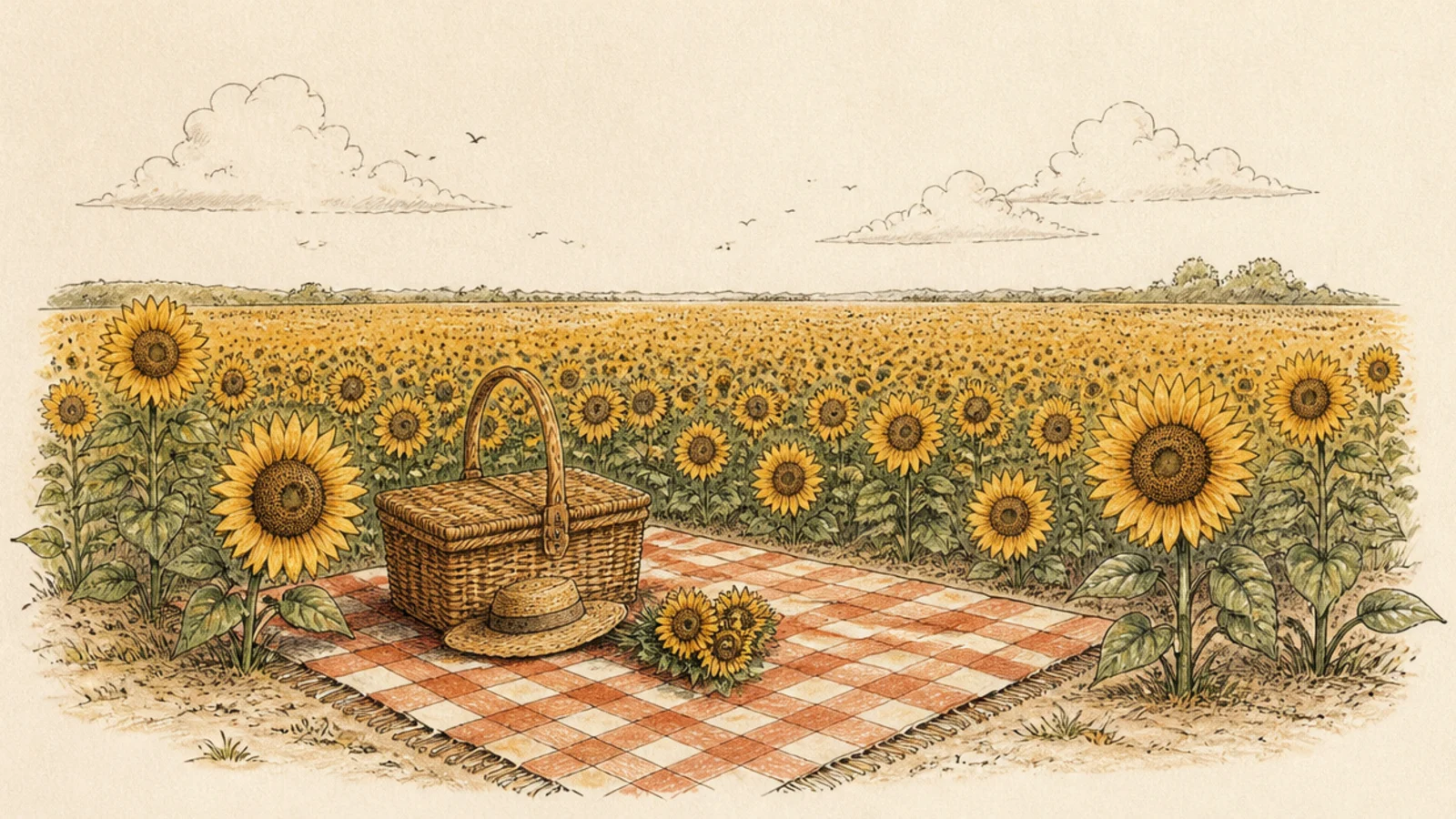 A picnic blanket and basket in front of a sunflower field