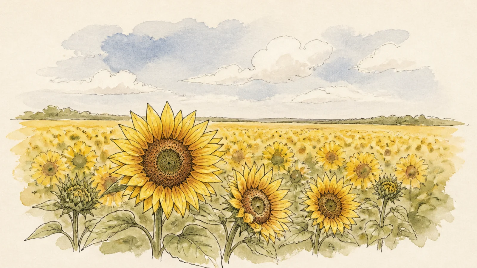 A loose watercolor-style sunflower field with soft blended color