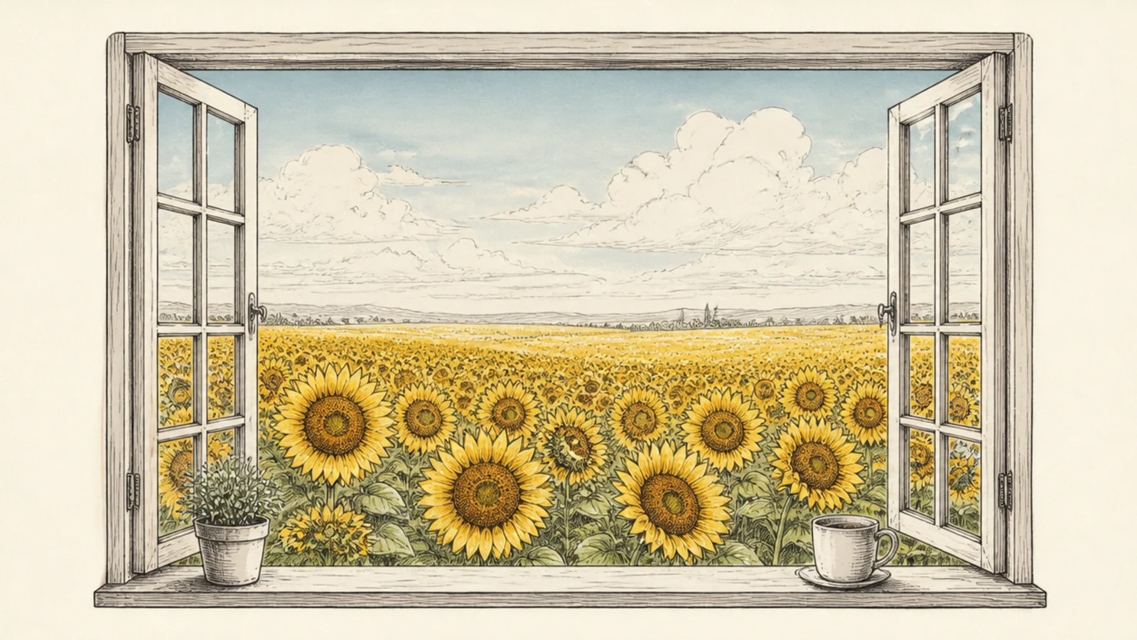 A sunflower field seen through an open window frame
