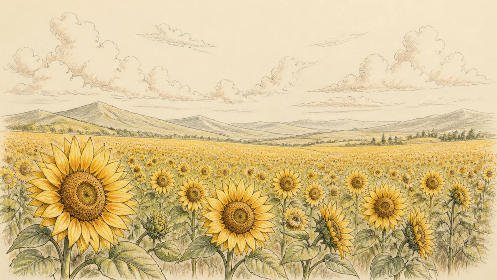 A wide panoramic sunflower field with layered depth and sky