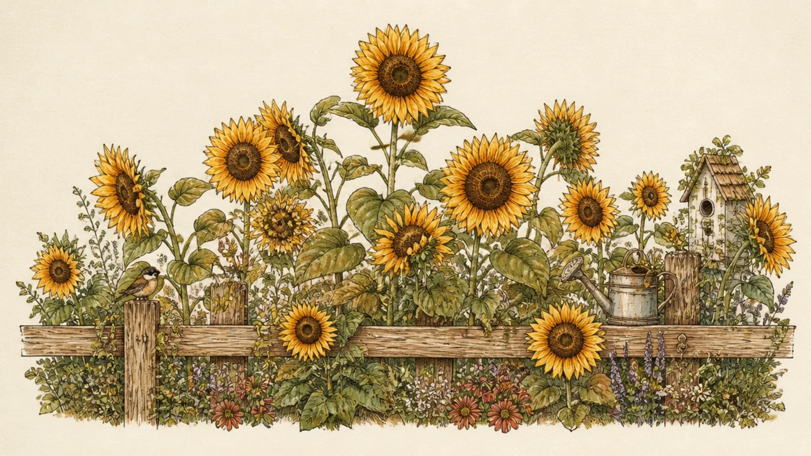 Sunflowers growing along a low wooden fence