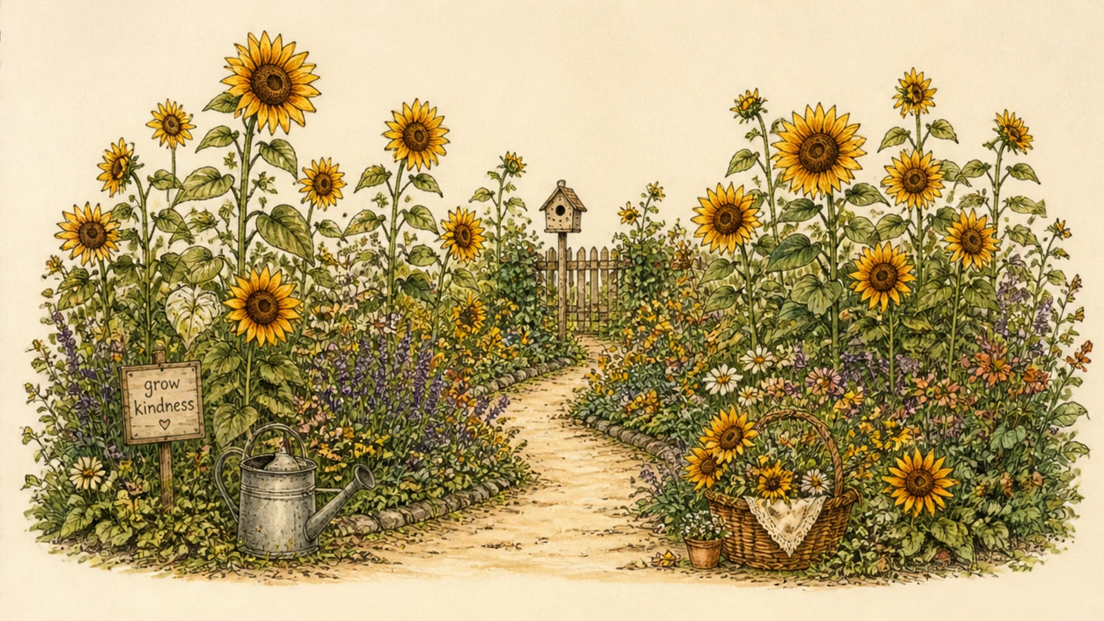 A winding path through beds of sunflowers