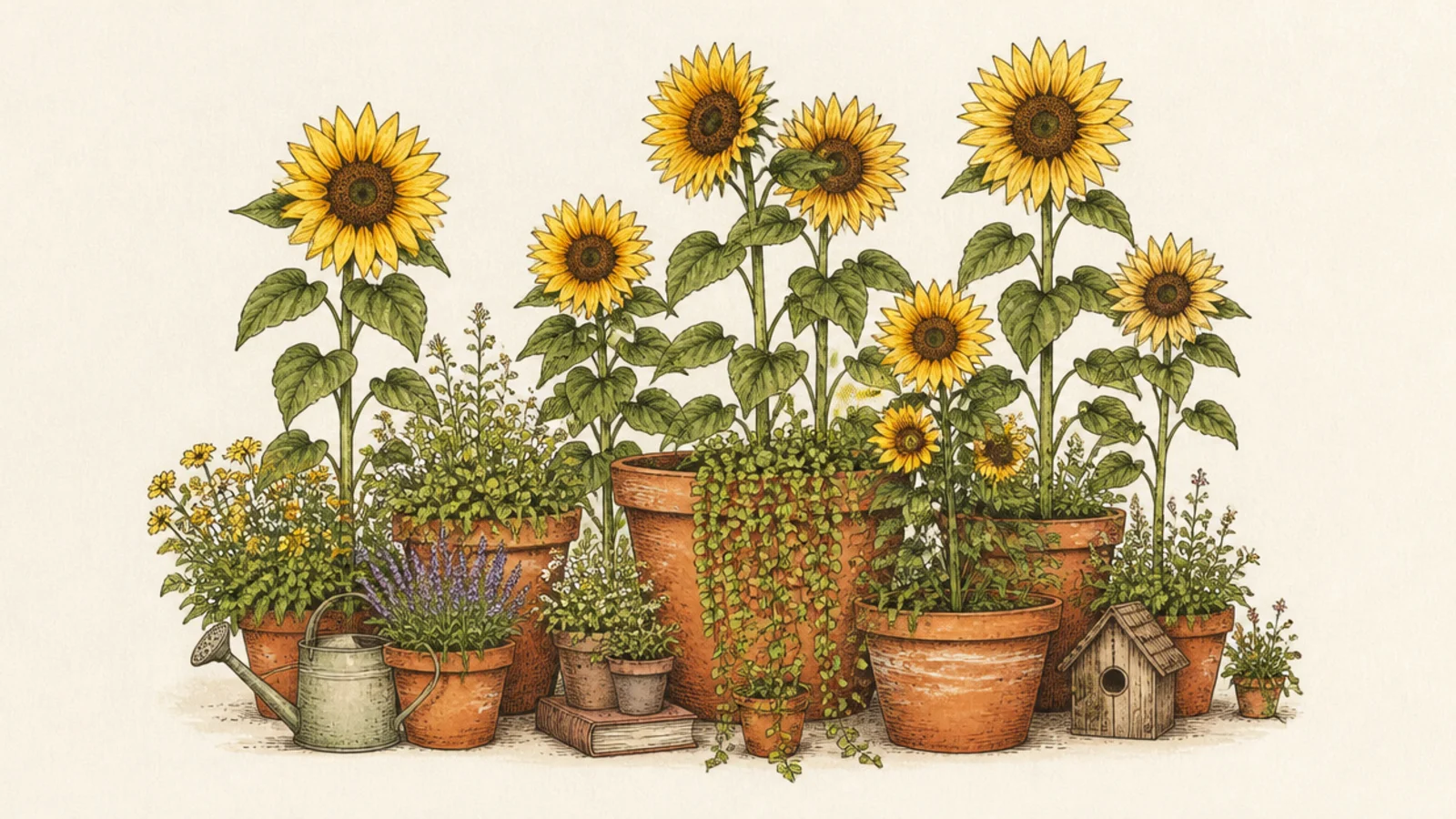 A cozy corner with sunflowers in terracotta pots