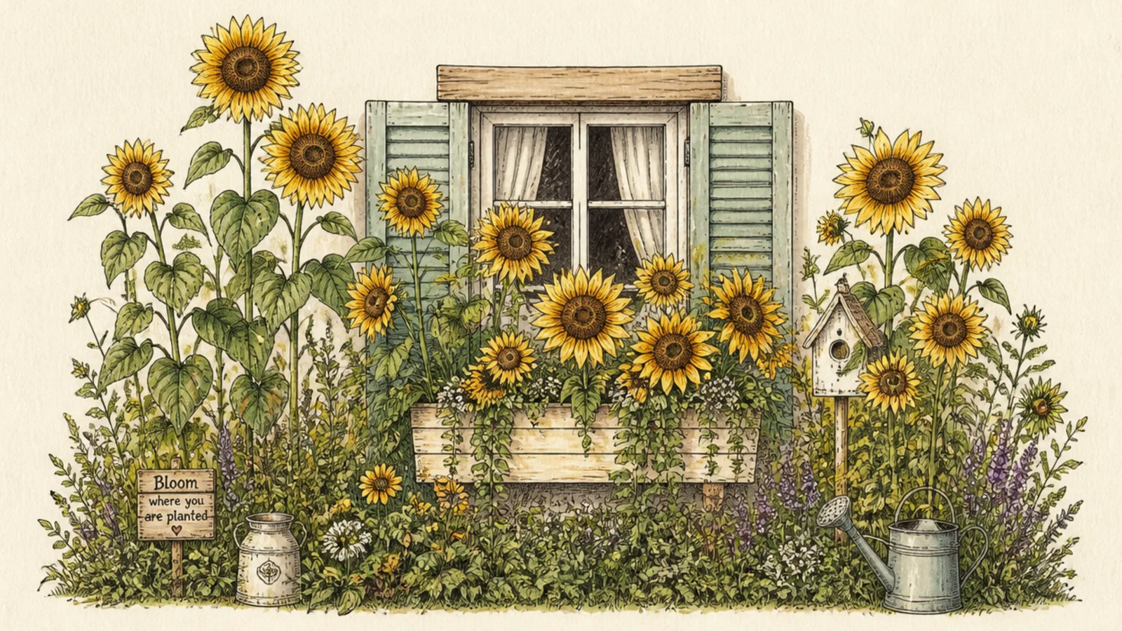 Sunflowers growing from a window box under a cottage window