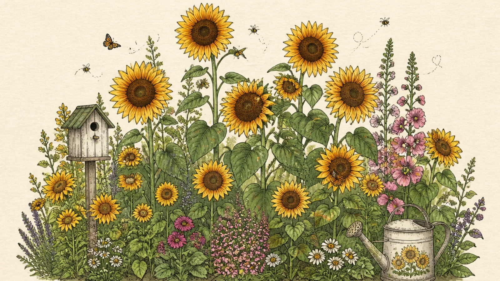 A sunflower garden alive with bees and butterflies