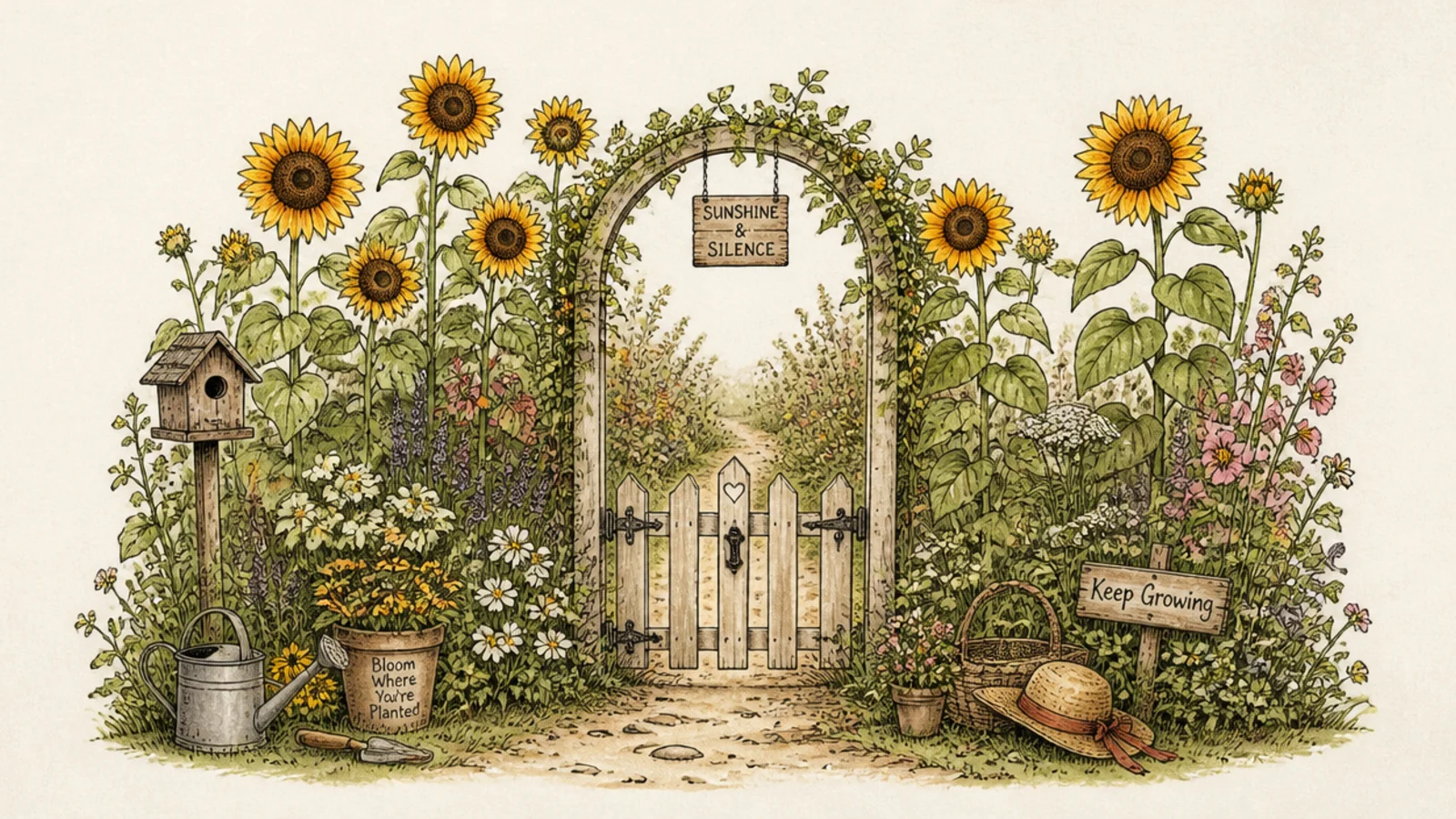 A picket gate framed by tall sunflowers