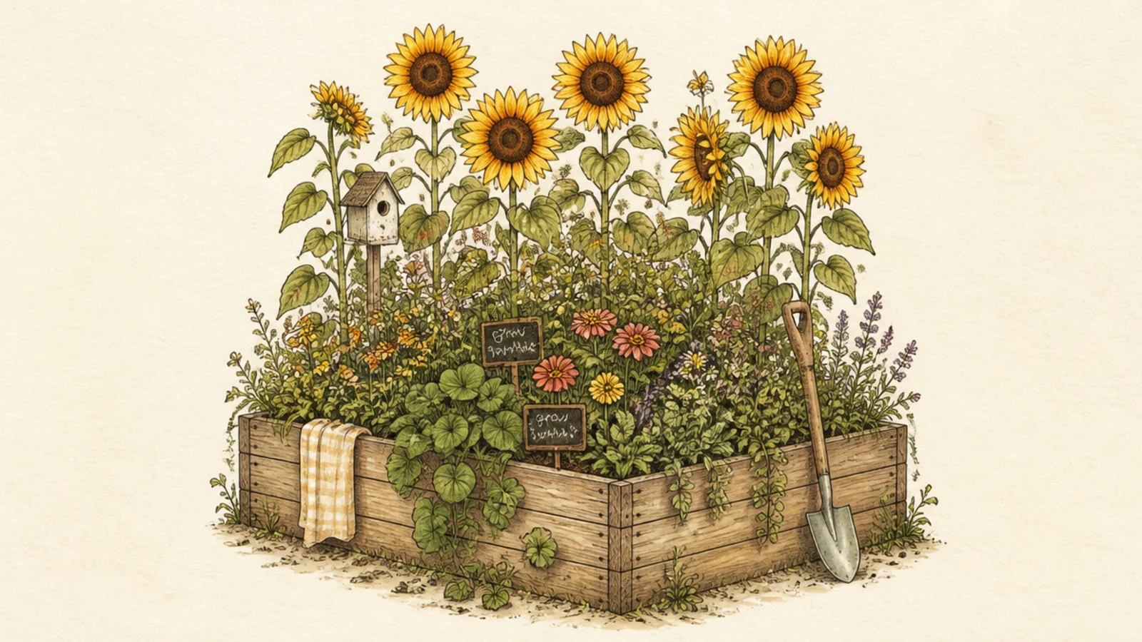 Sunflowers growing from a wooden raised garden bed