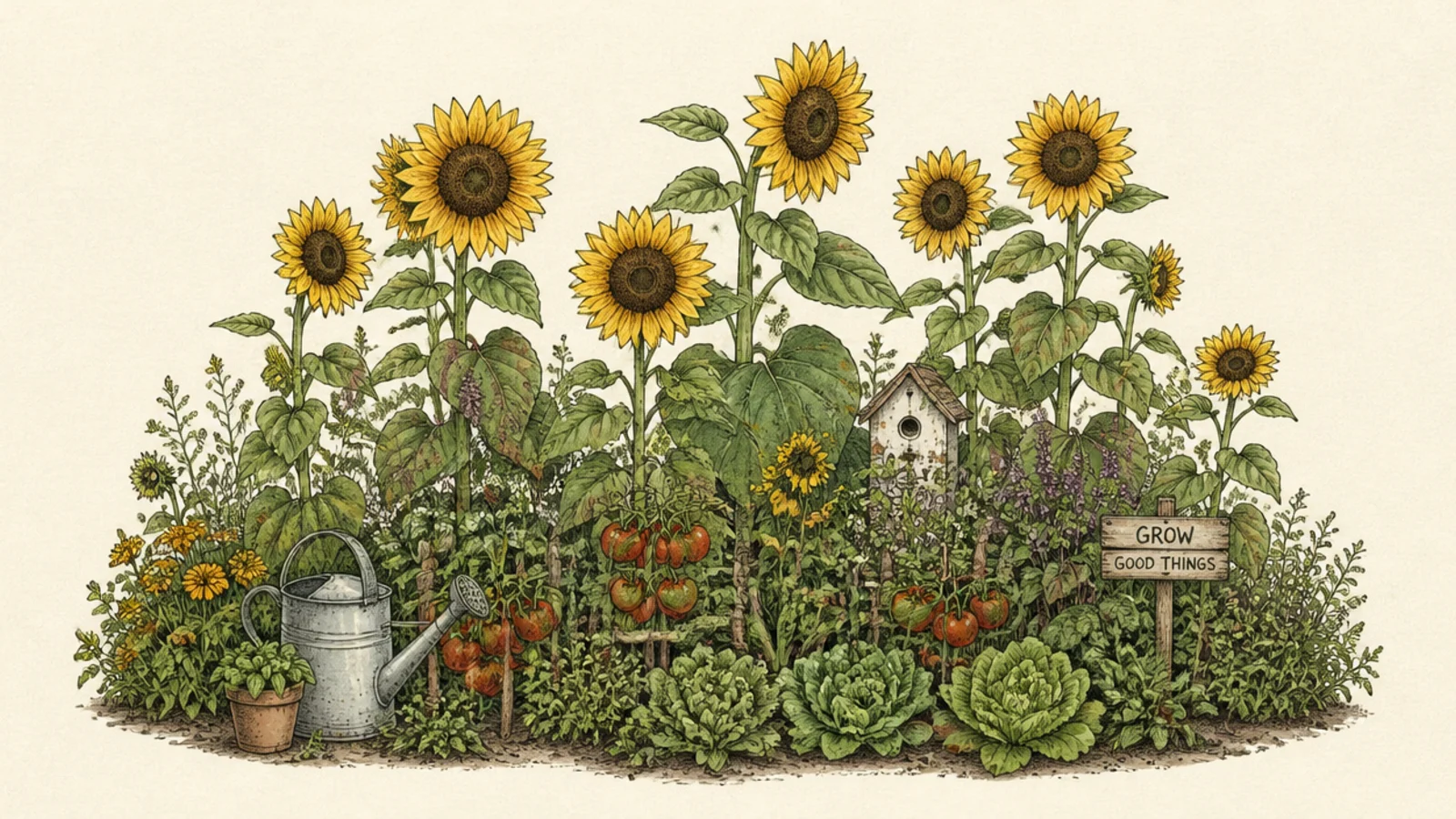 A kitchen garden mixing sunflowers with vegetables