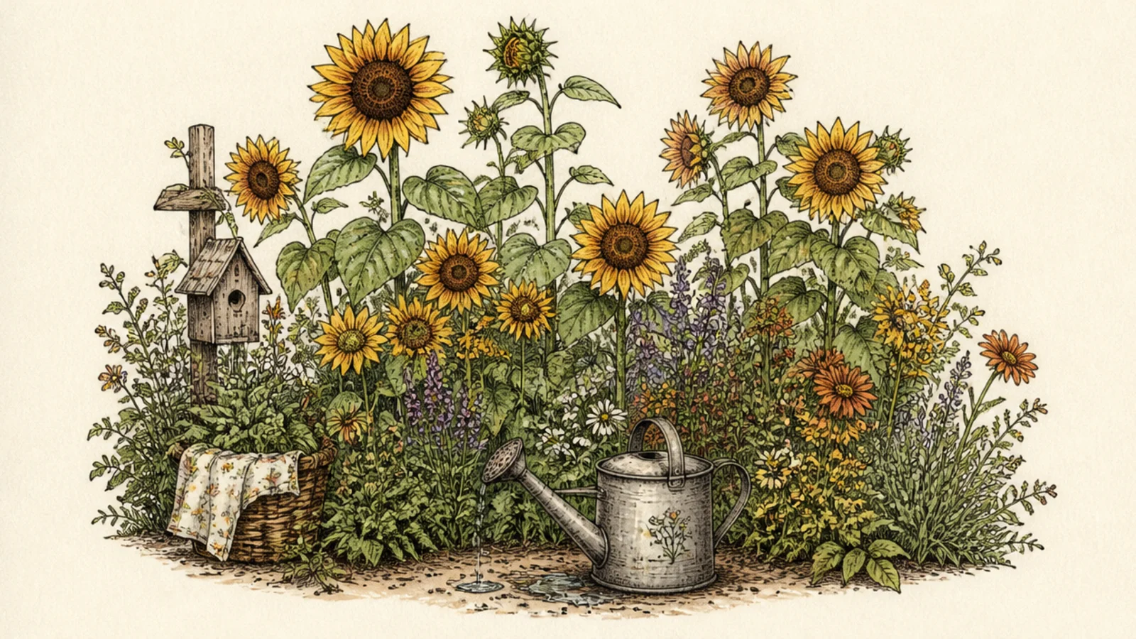 A watering can beside a bed of sunflowers