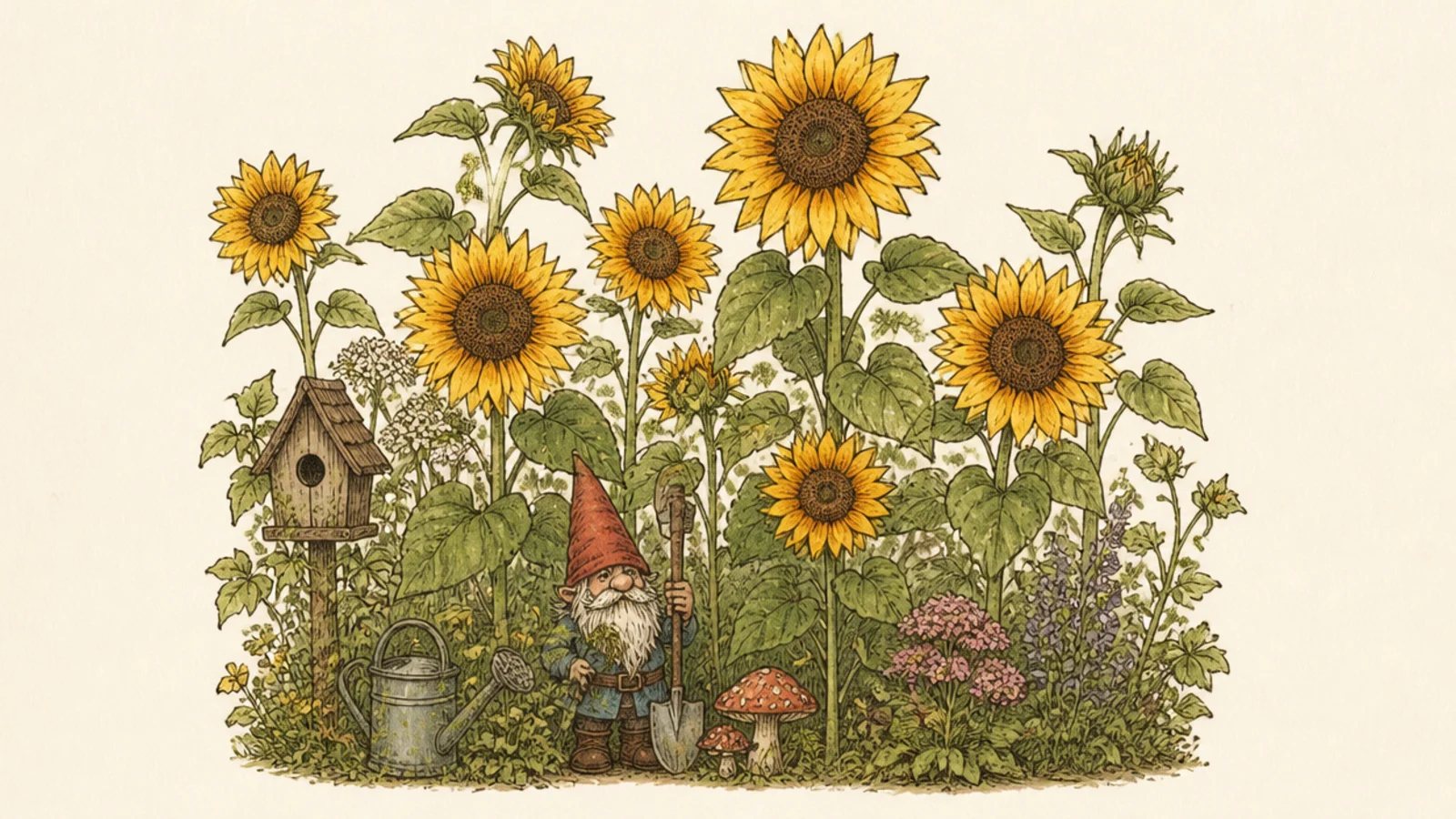 A little garden gnome among tall sunflowers