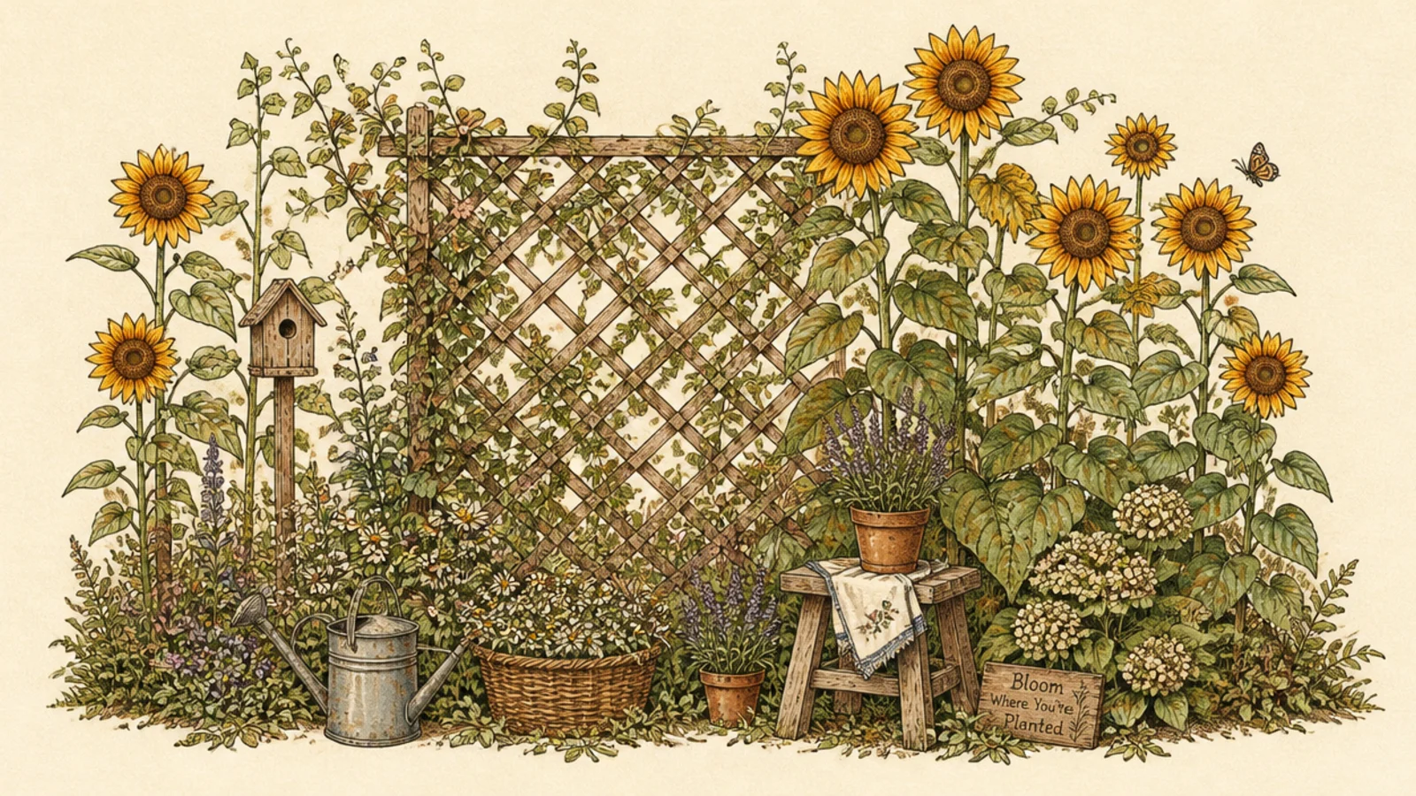 Sunflowers beside a trellis with climbing vines