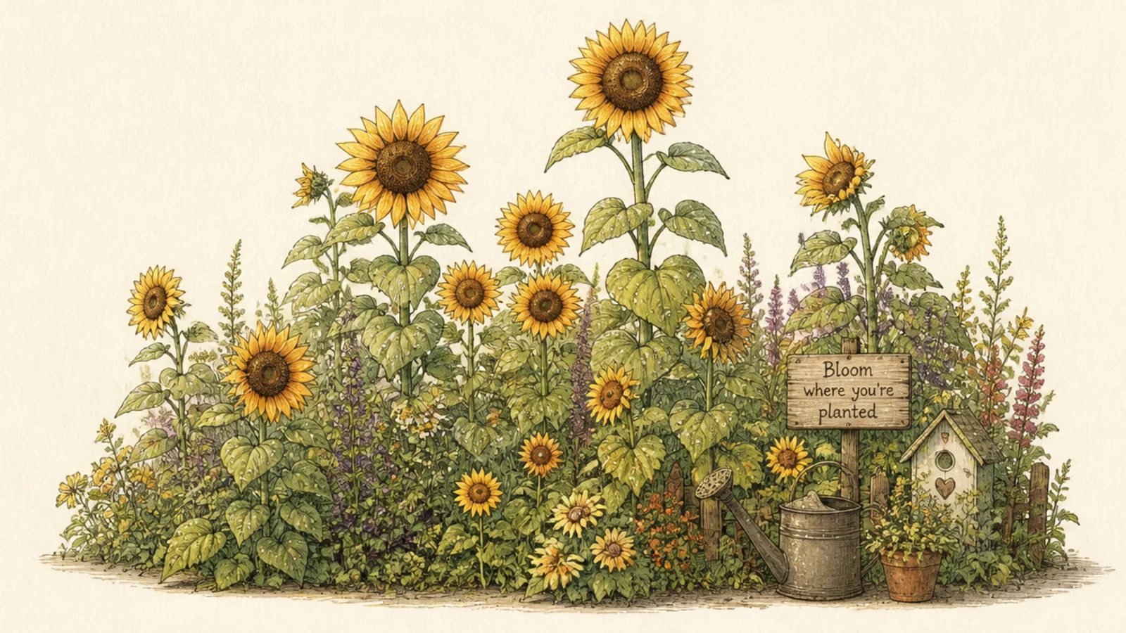 A fresh sunflower garden sparkling with morning dew