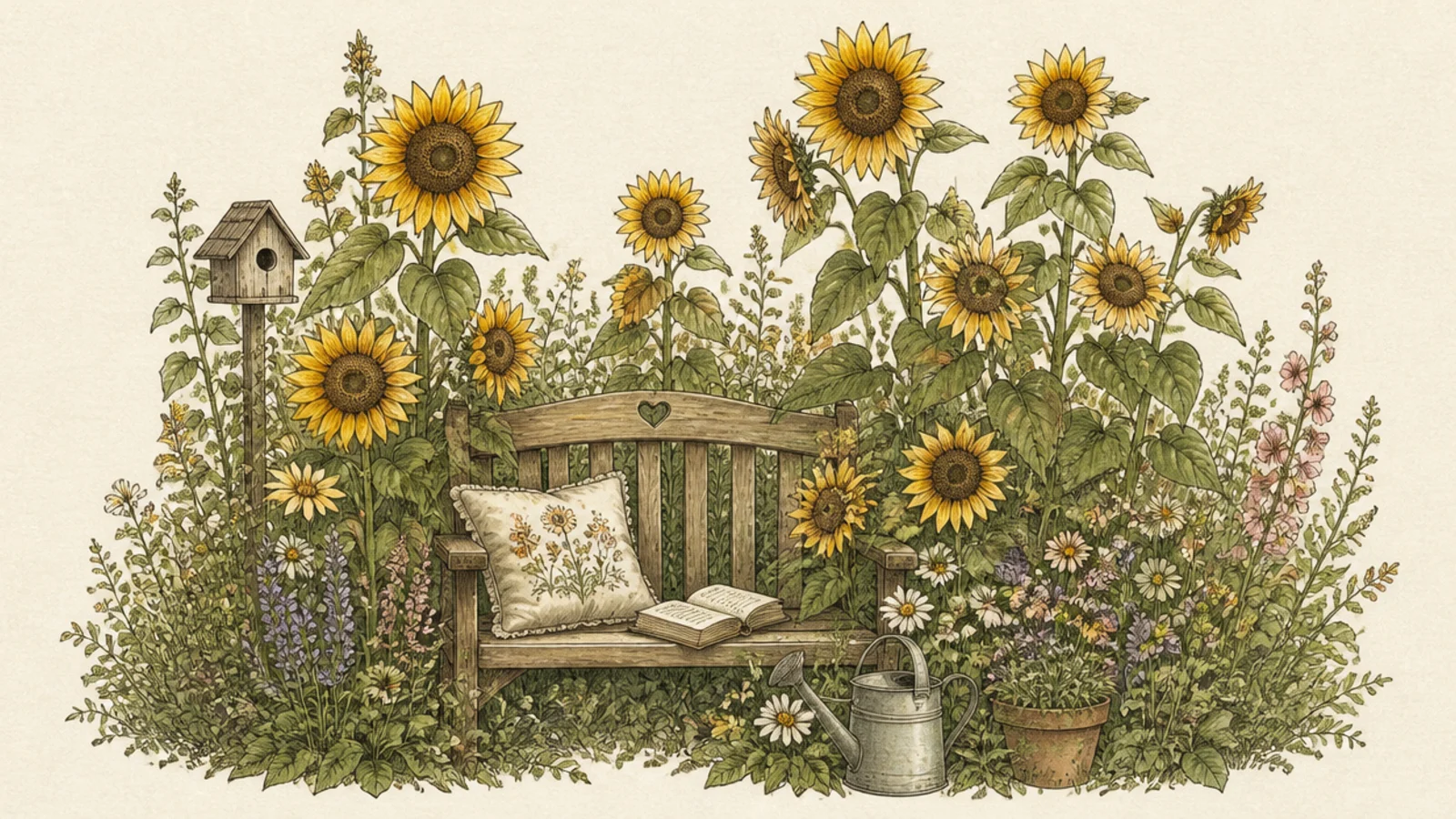 A small bench tucked among sunflowers