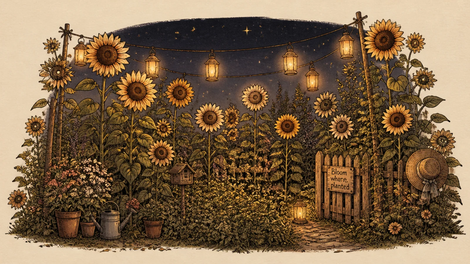 A sunflower garden at night lit by hanging lanterns
