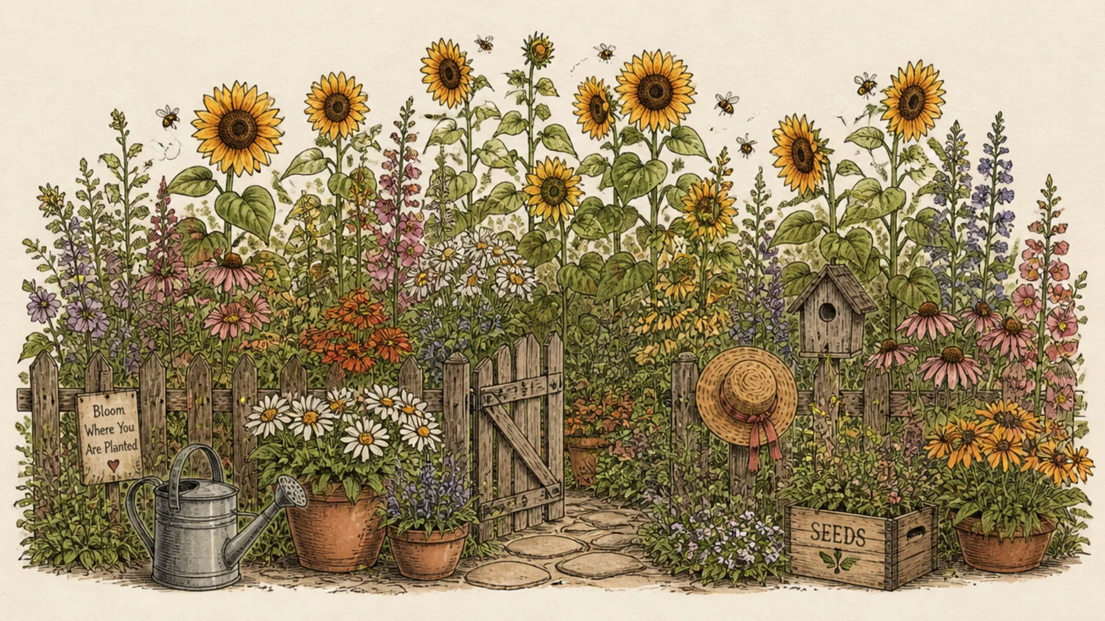 A lush full cottage garden scene packed with sunflowers and details