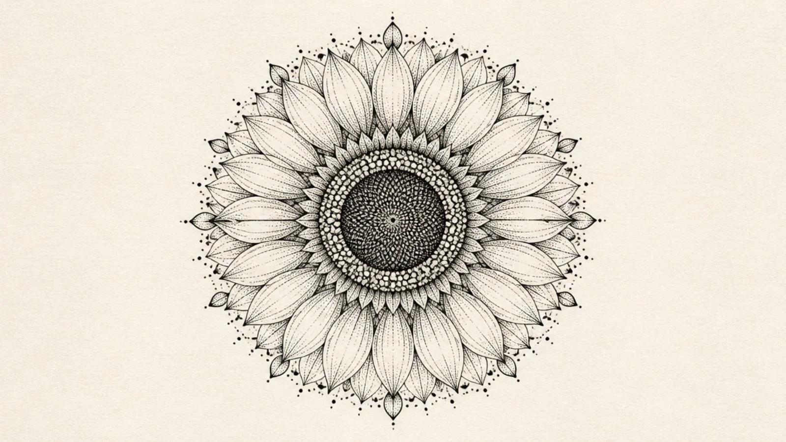 A sunflower mandala built mostly from stippled dots