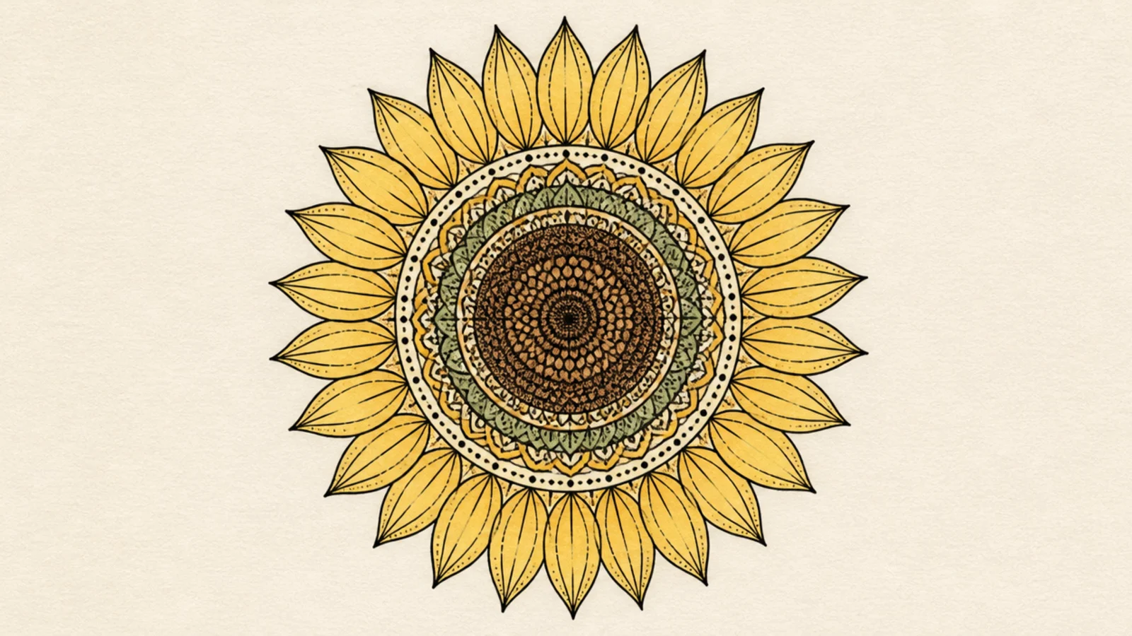 A sunflower mandala colored in warm yellows and browns