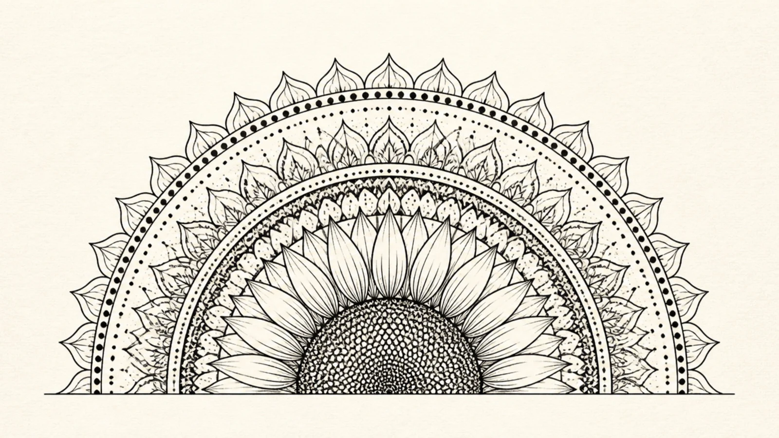 A half sunflower mandala rising from a straight baseline