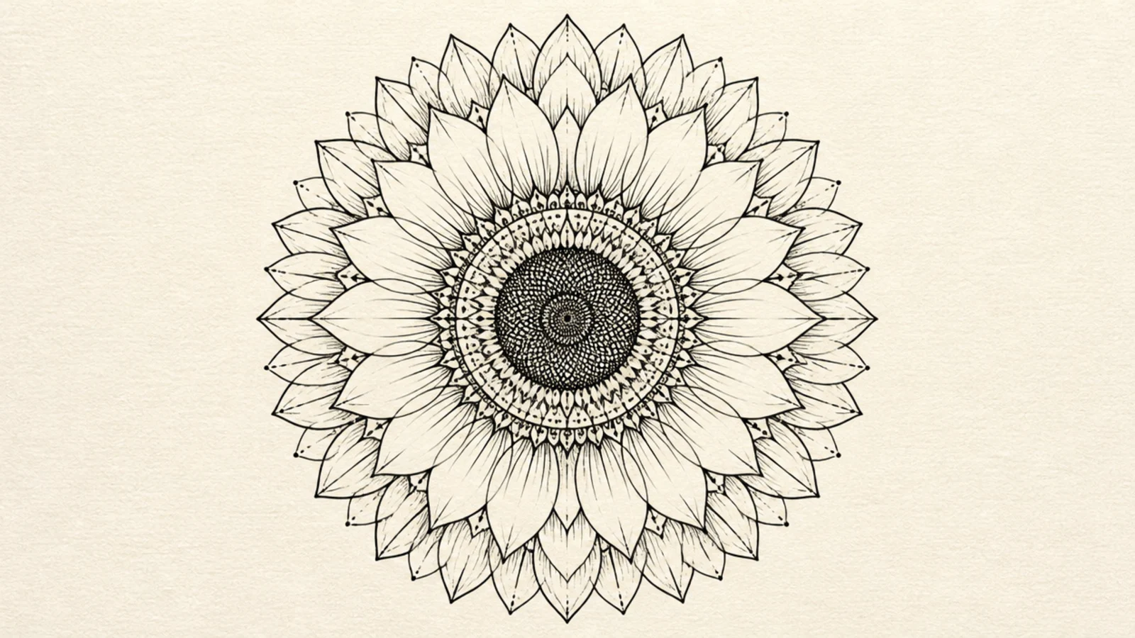 A rich sunflower mandala with two offset outer petal rings