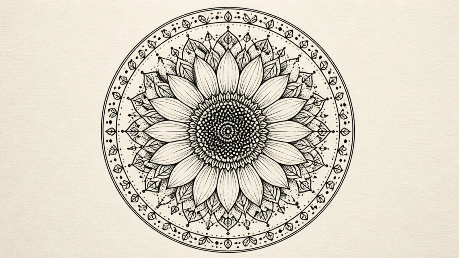 A sunflower mandala enclosed in a decorative circular frame