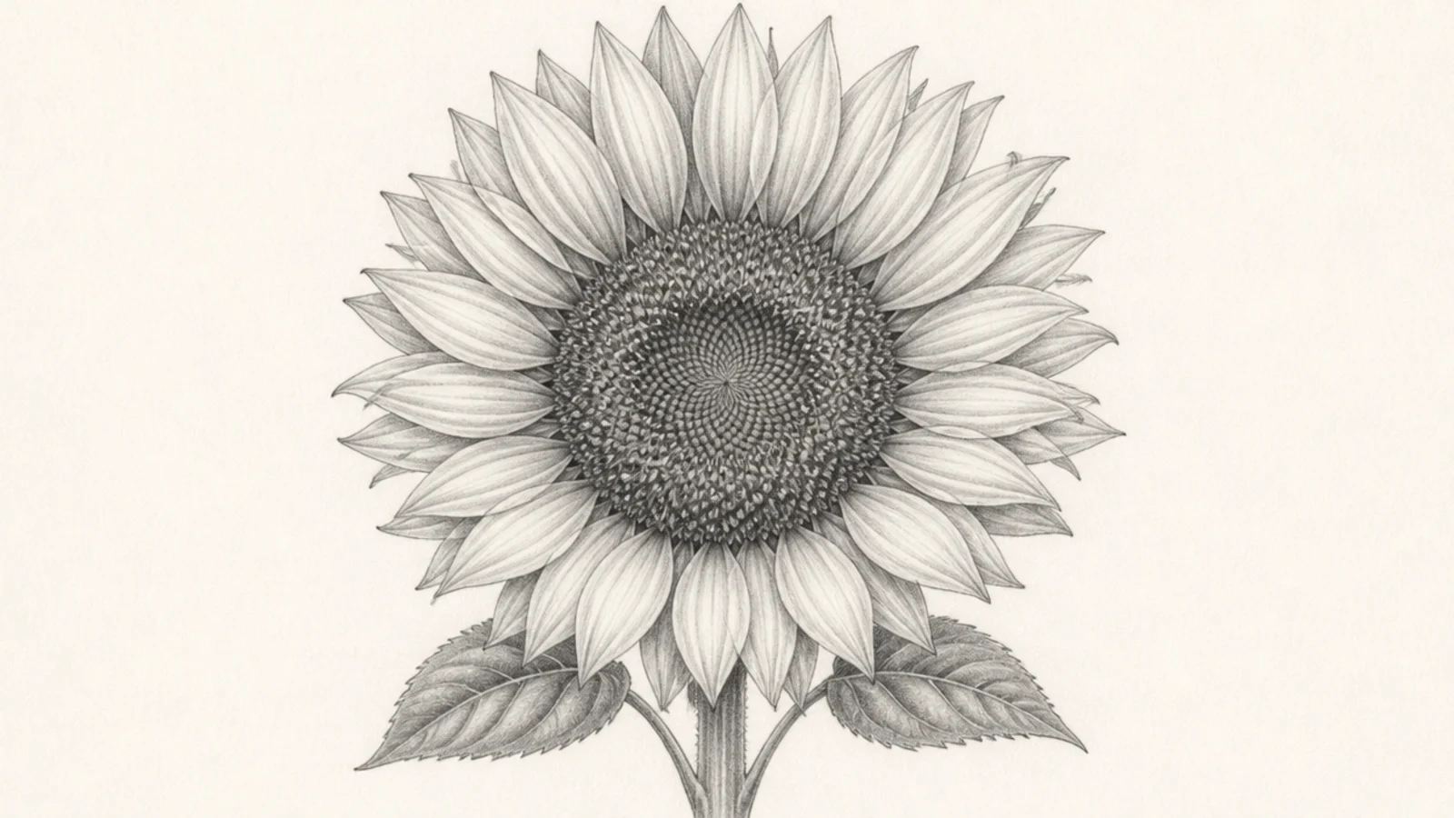 A clean pencil line drawing of a sunflower with no shading