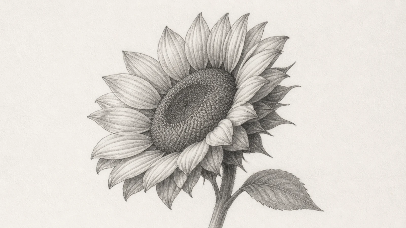 A sunflower drawn at a three-quarter tilt with pencil shading