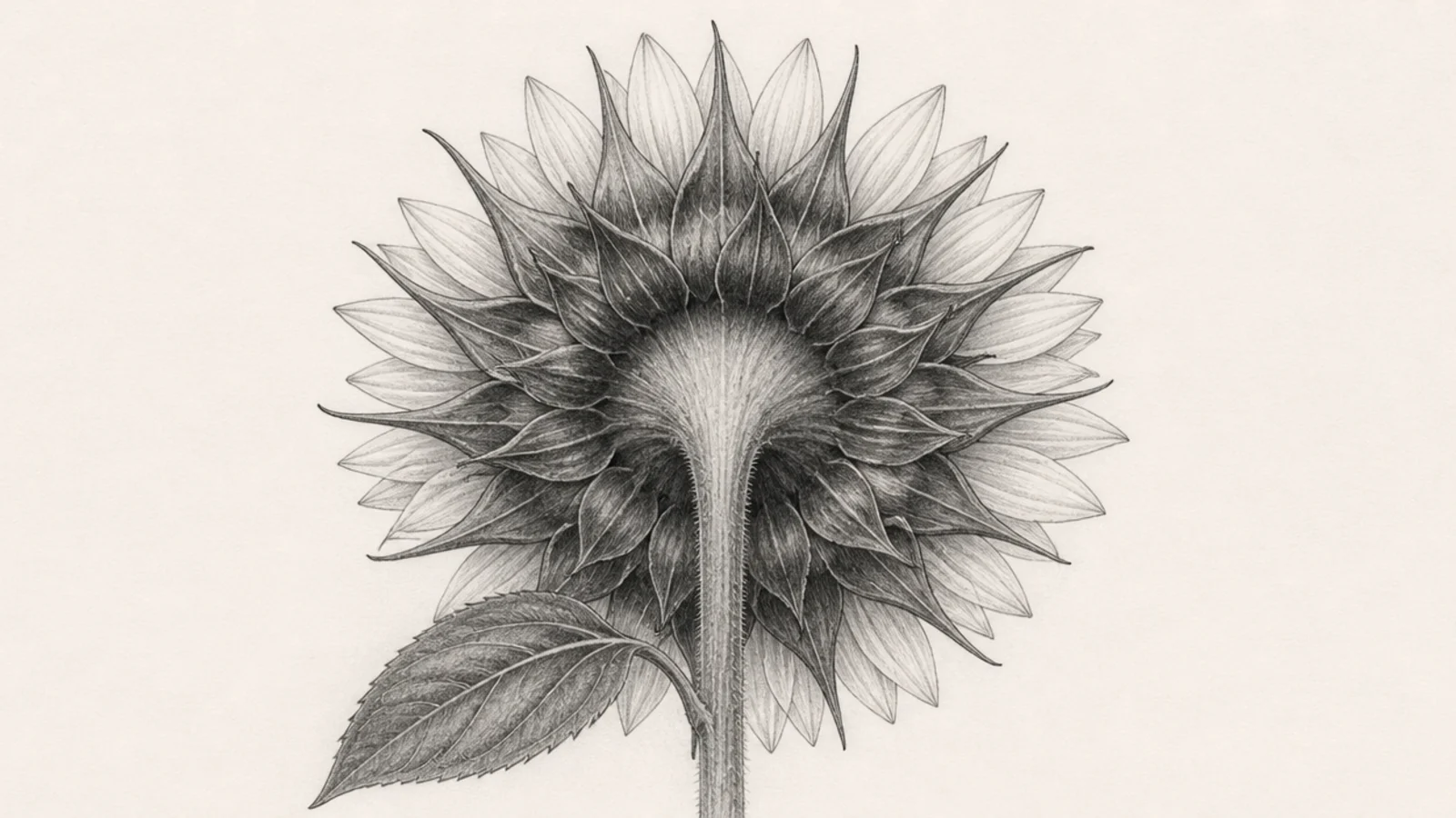 A sunflower drawn from behind showing the green sepals