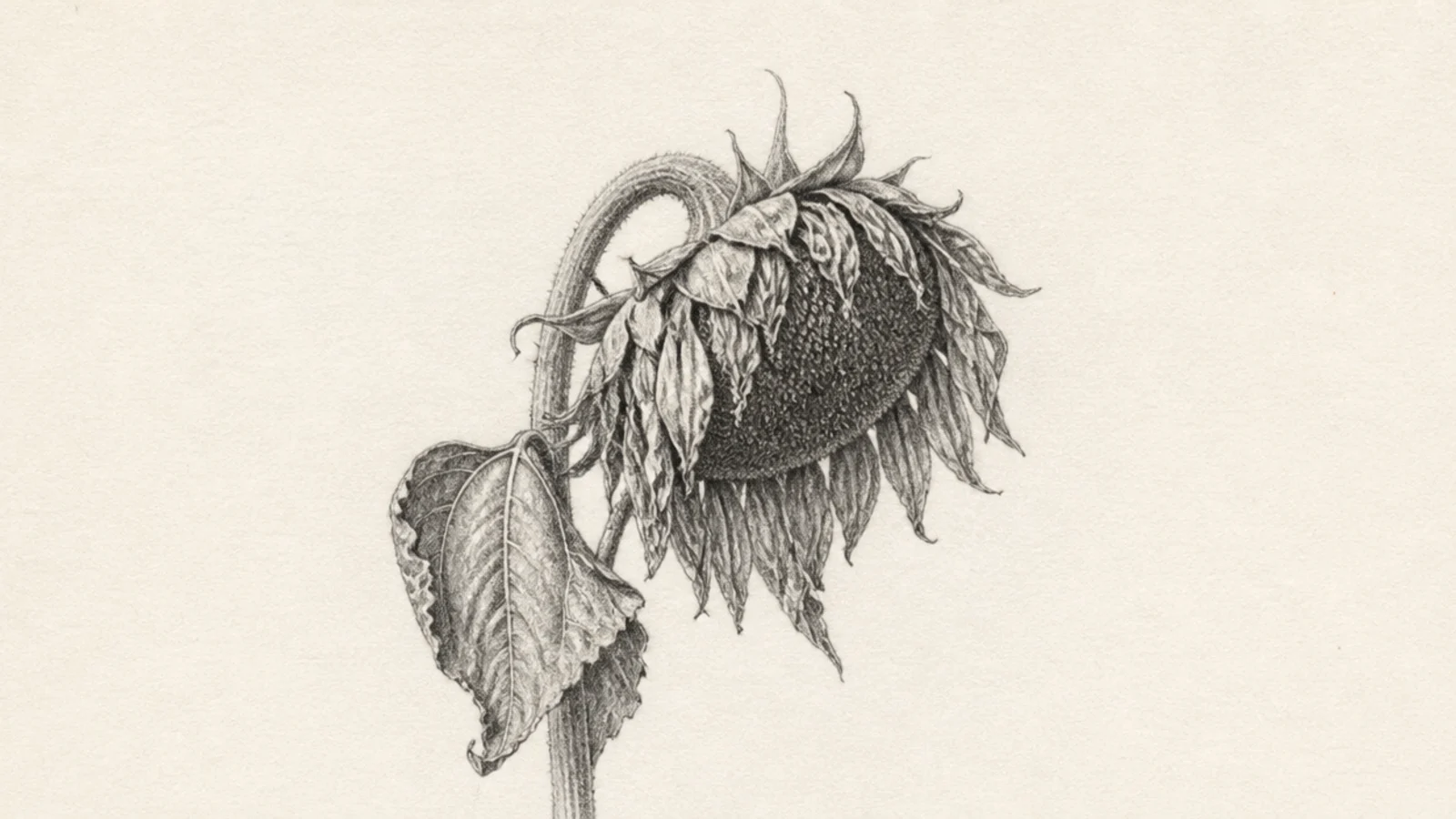 A drooping wilting sunflower with curling dry petals