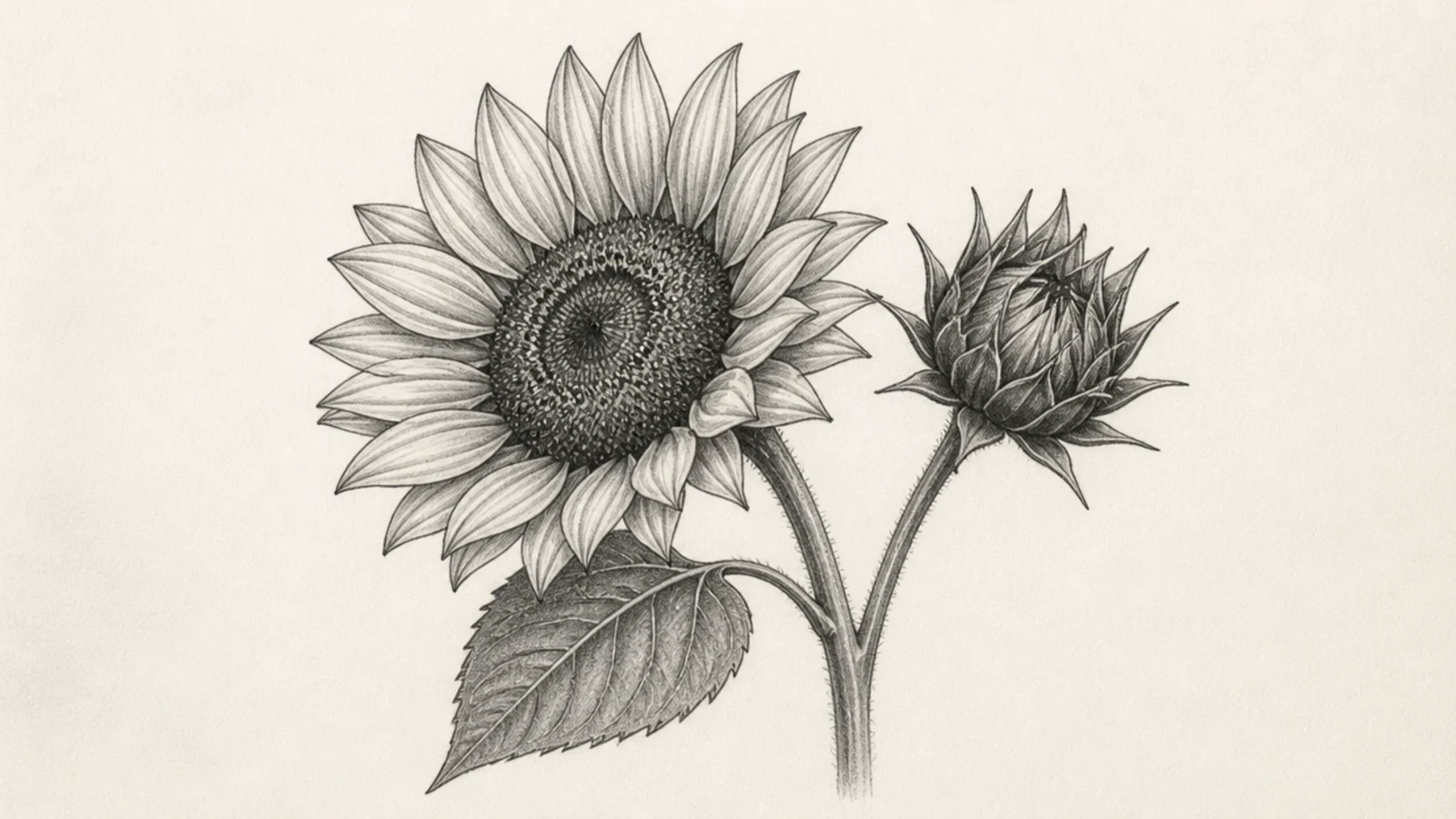 A pencil study of a sunflower bud next to an open bloom