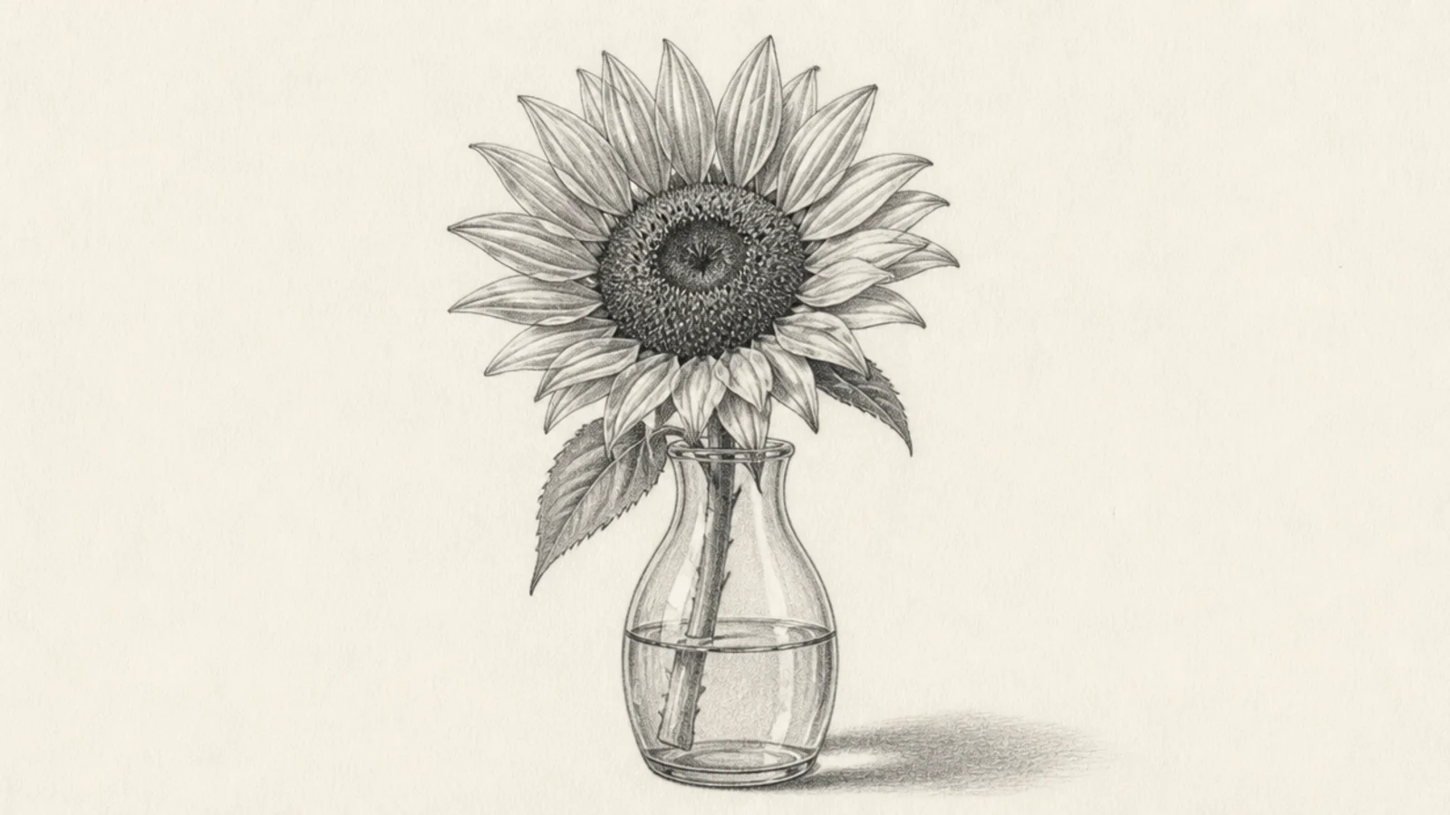 A pencil still life of a sunflower in a glass vase