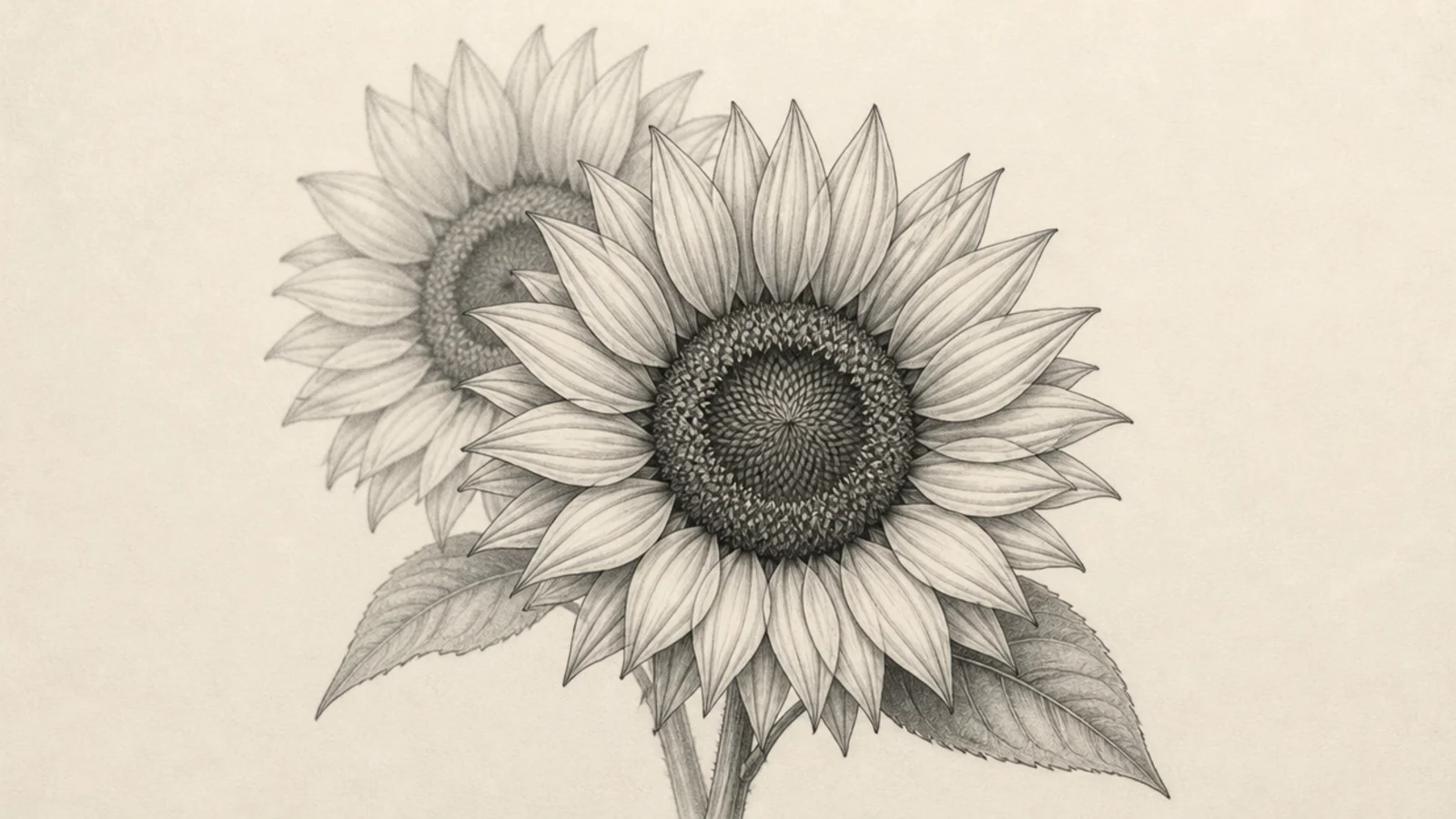 Two overlapping sunflowers shaded in pencil