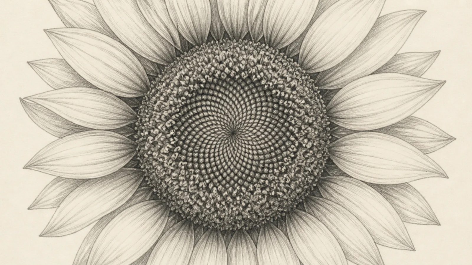 An extreme close-up pencil study of a sunflower's seed spiral