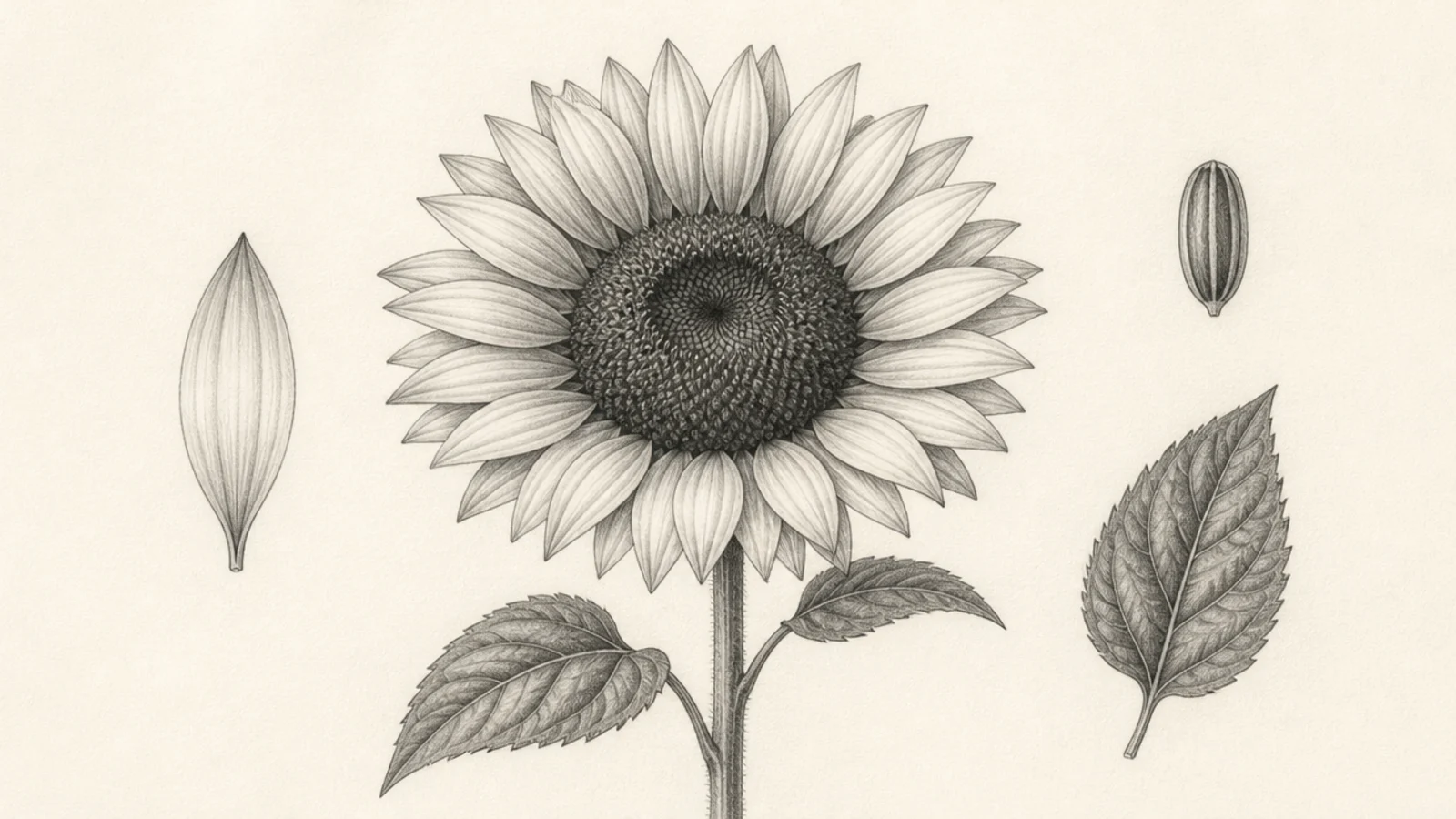 A botanical-style sunflower study with parts drawn separately