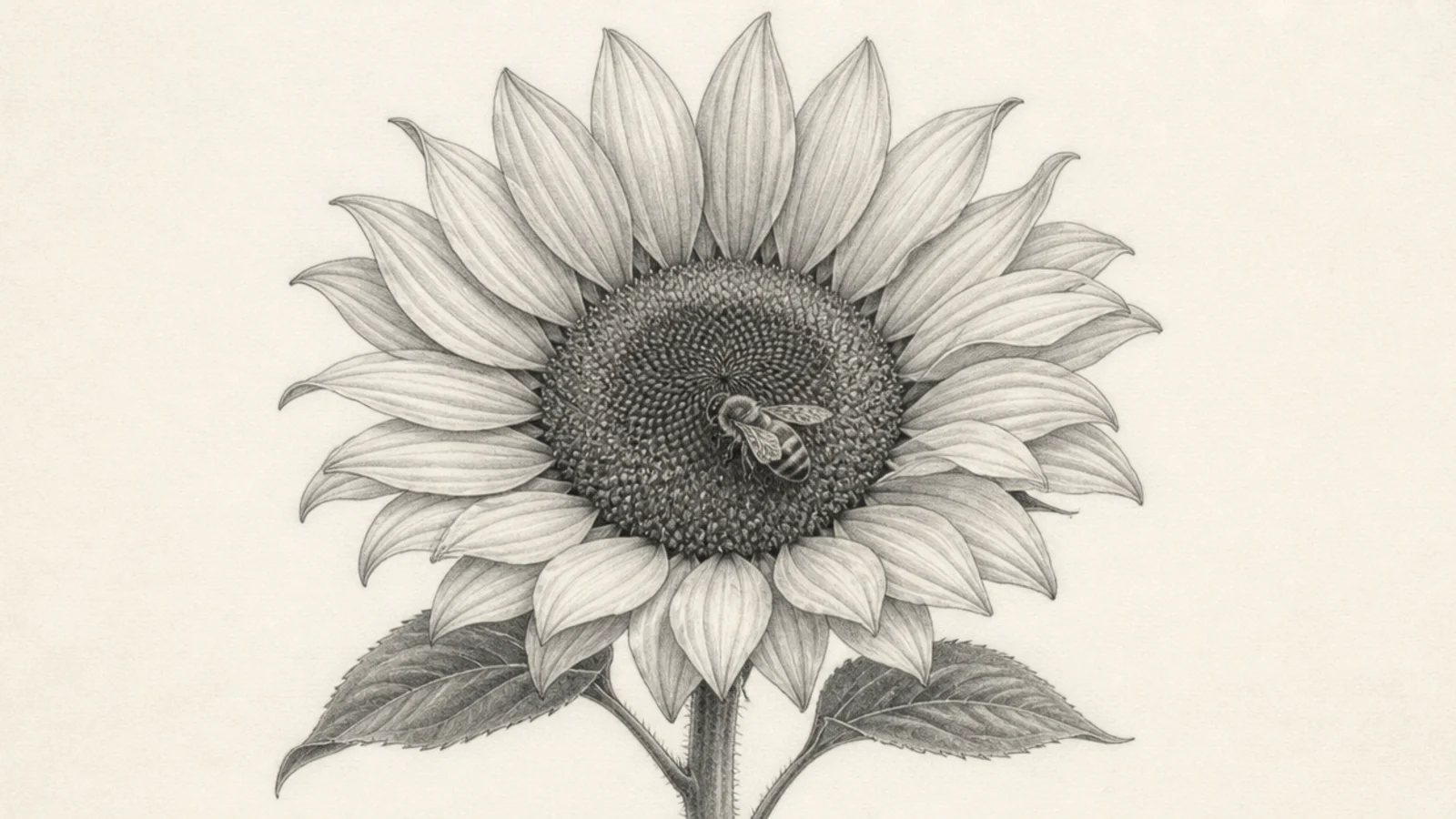 A pencil sunflower with a detailed bee on the center