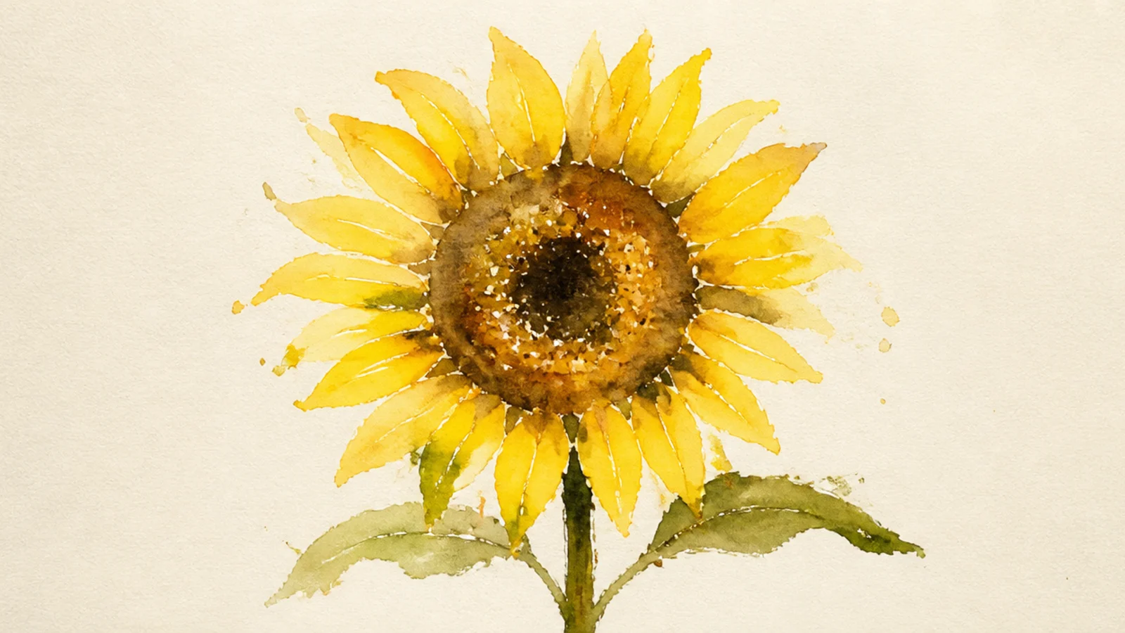 A loose expressive watercolor sunflower with bleeding color