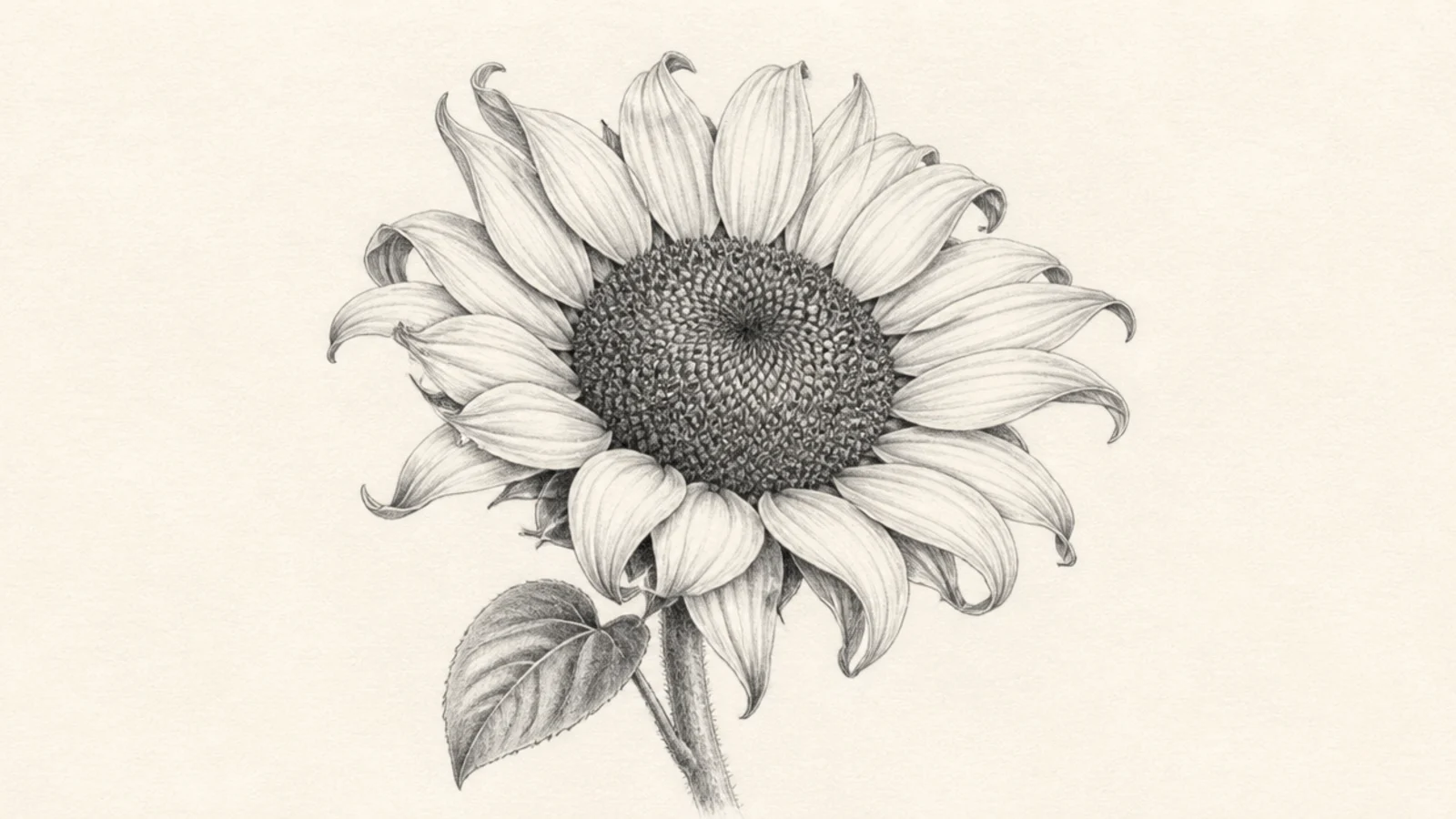 A realistic pencil sunflower with curling folded petals