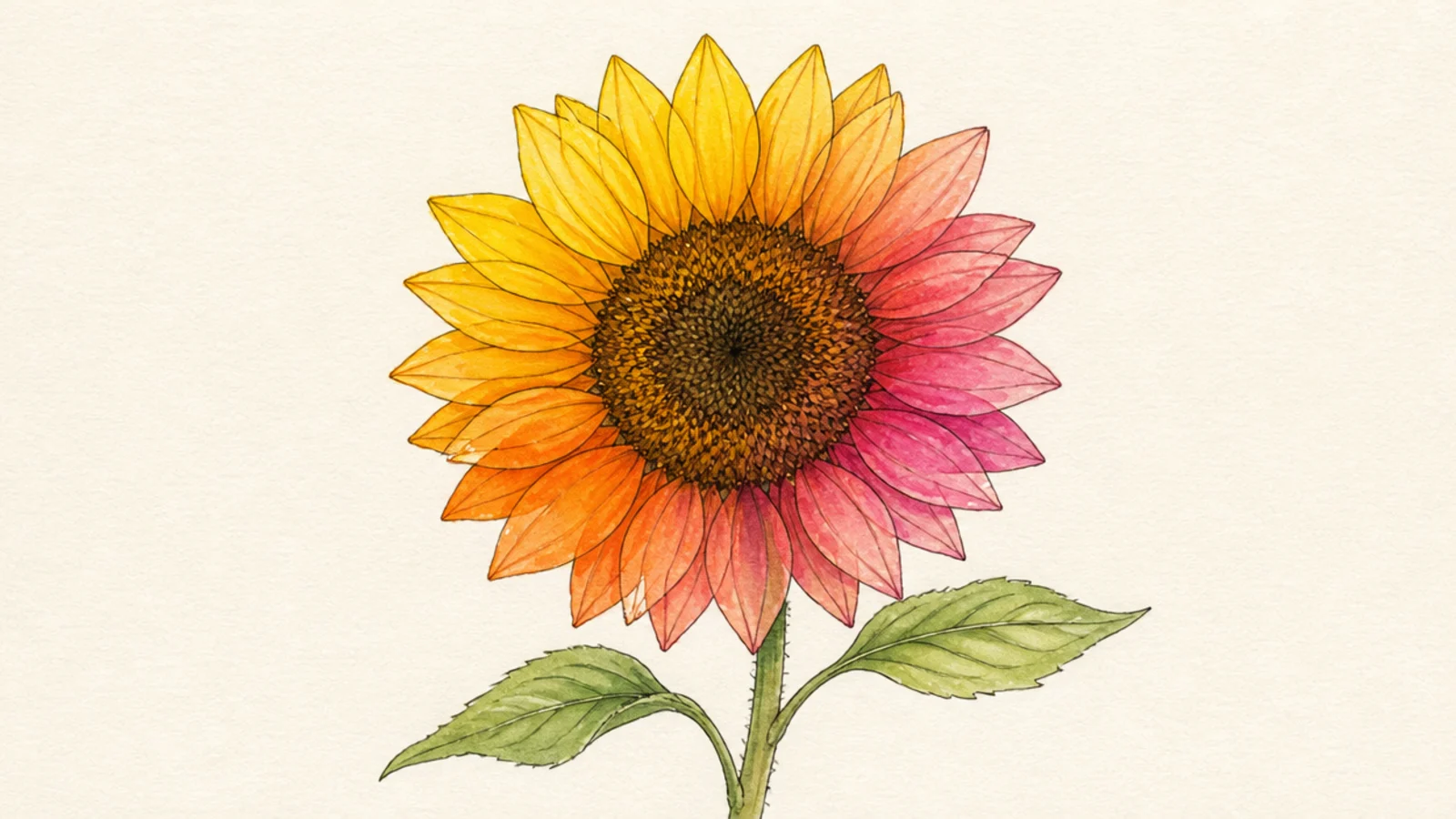 A playful sunflower with a rainbow watercolor wash