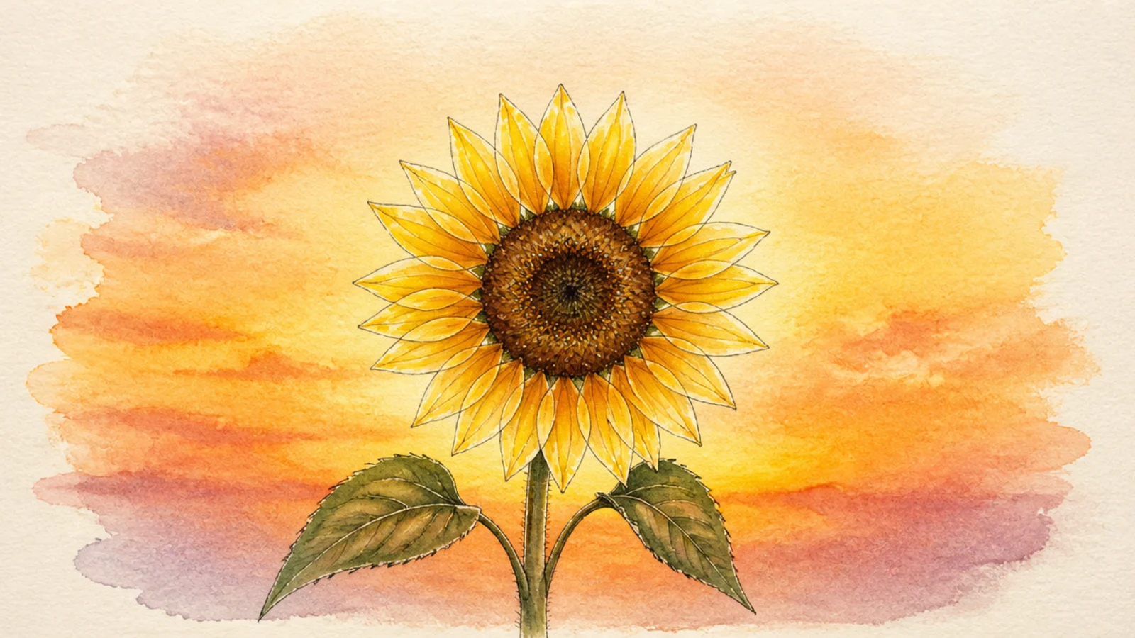 A sunflower glowing against a watercolor sunset