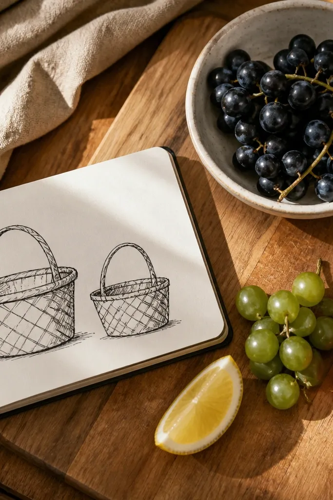 A journal page with two small woven baskets, fruit inside, and a warm cream background
